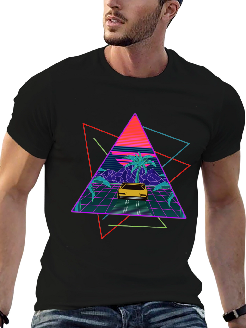 Retro Wave T-Shirt: Neon Car & Palm Design