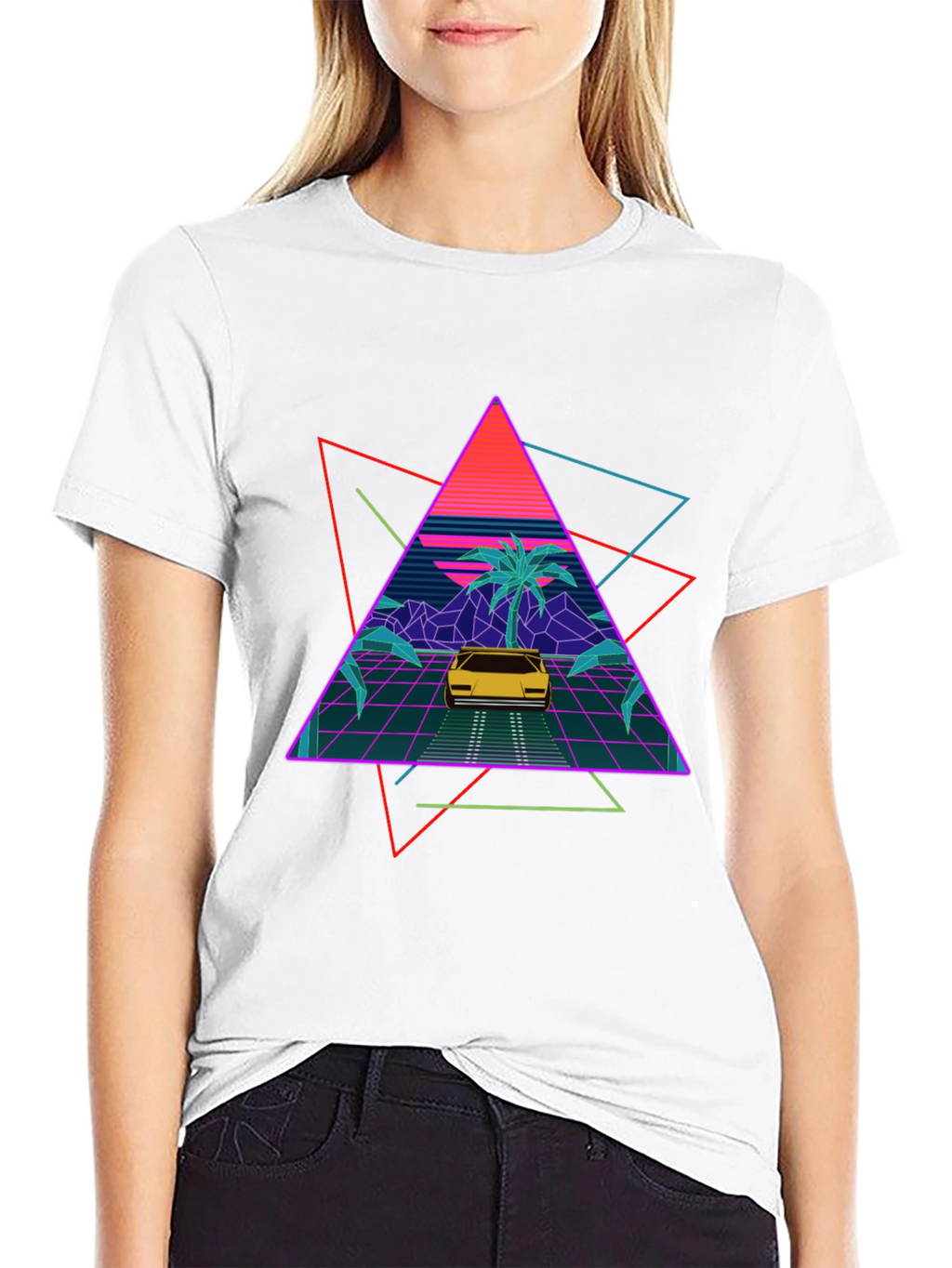 Retro Wave T-Shirt: Neon Car & Palm Design