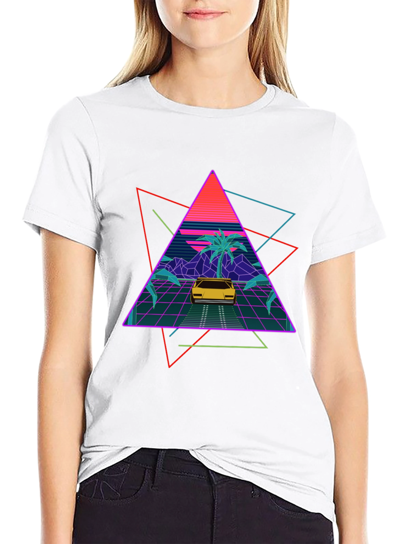 Retro Wave T-Shirt: Neon Car & Palm Design