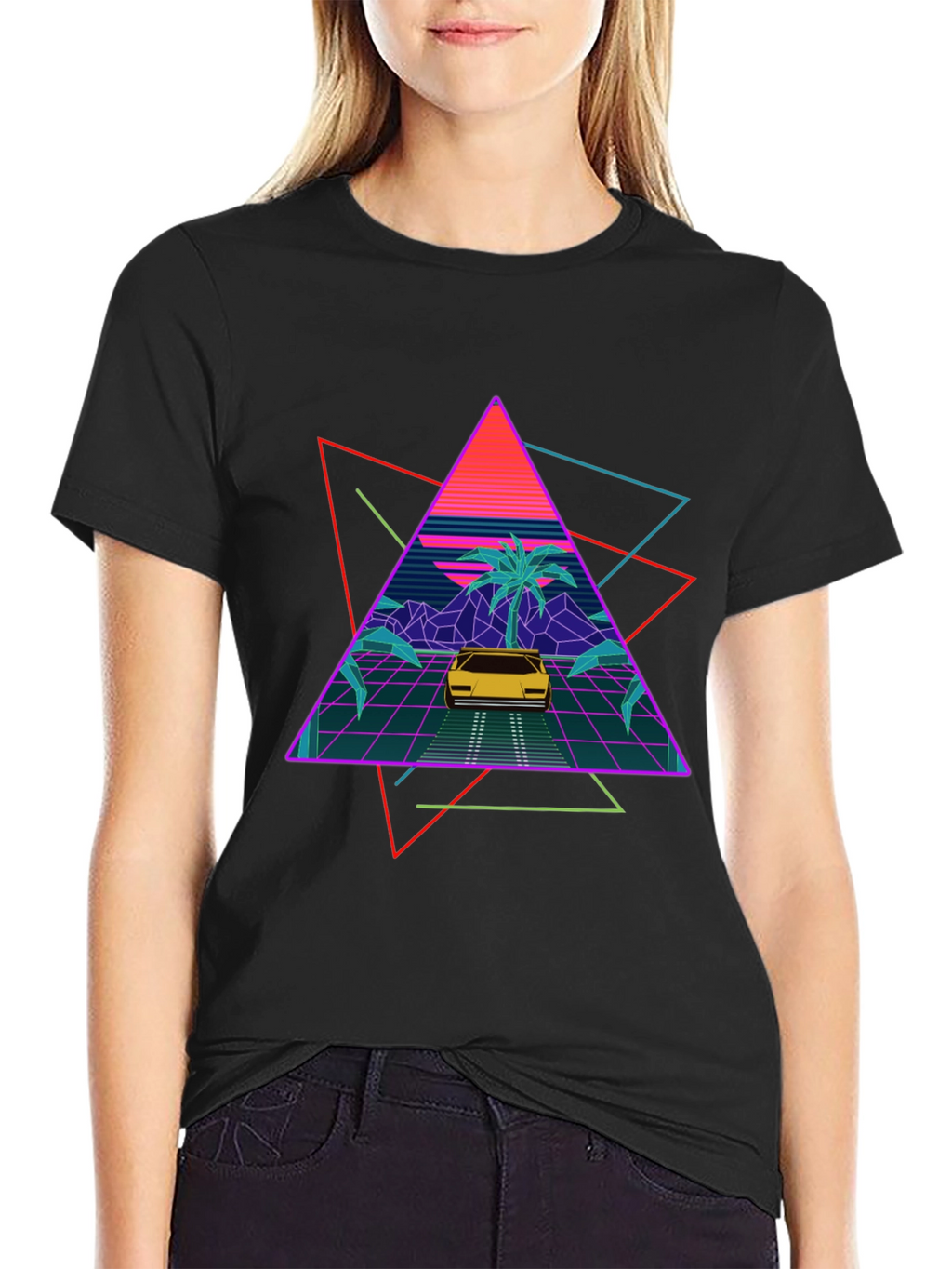 Retro Wave T-Shirt: Neon Car & Palm Design