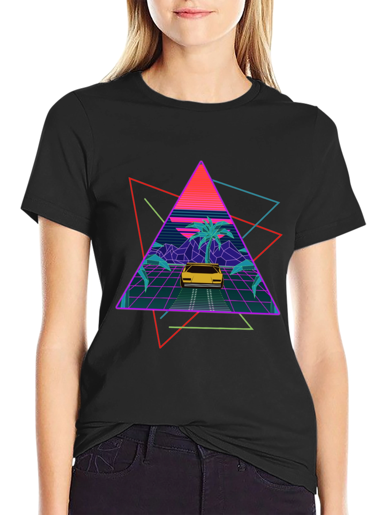 Retro Wave T-Shirt: Neon Car & Palm Design