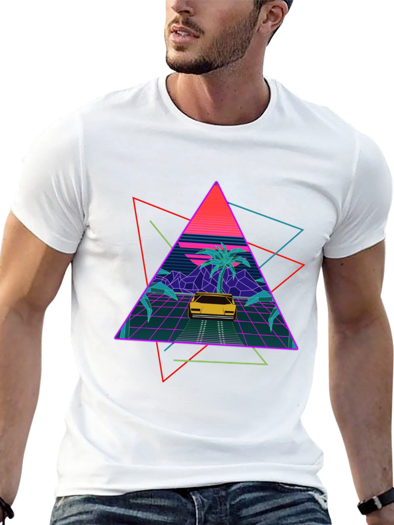 Retro Wave T-Shirt: Neon Car & Palm Design