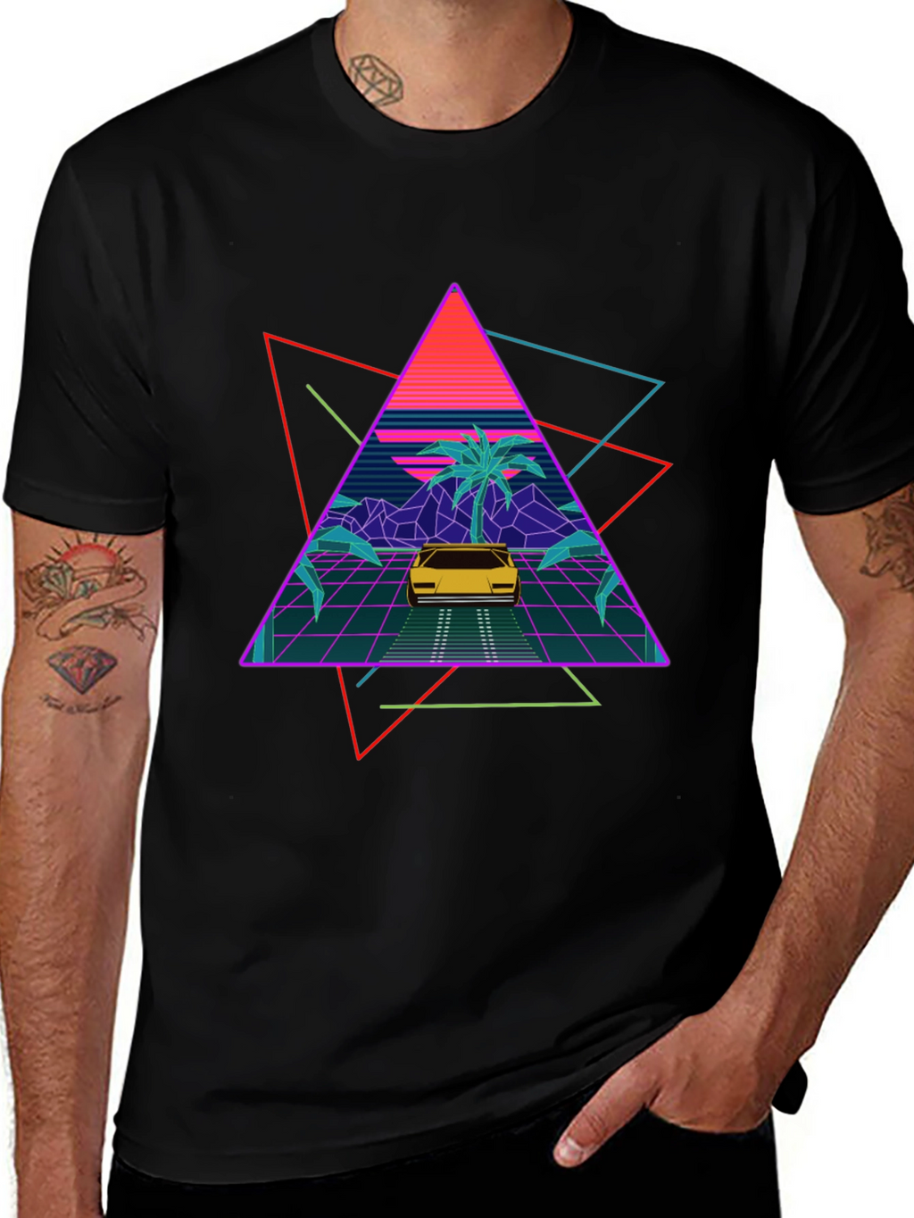 Retro Wave T-Shirt: Neon Car & Palm Design