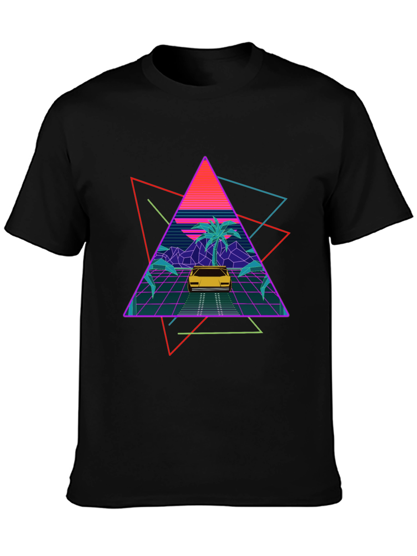 Retro Wave T-Shirt: Neon Car & Palm Design