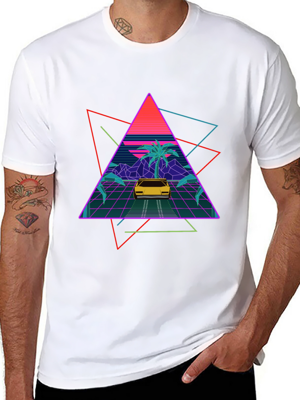 Retro Wave T-Shirt: Neon Car & Palm Design