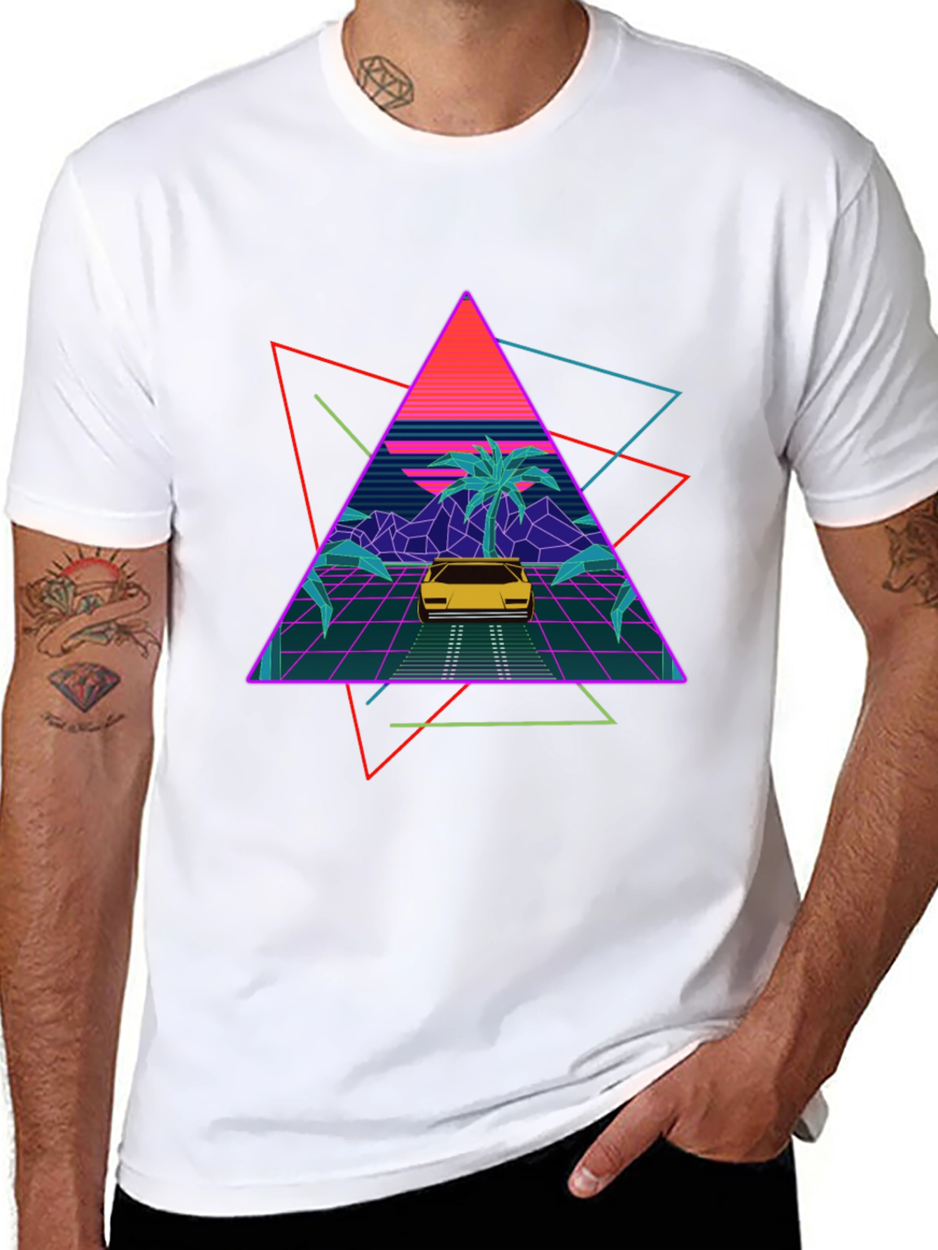 Retro Wave T-Shirt: Neon Car & Palm Design