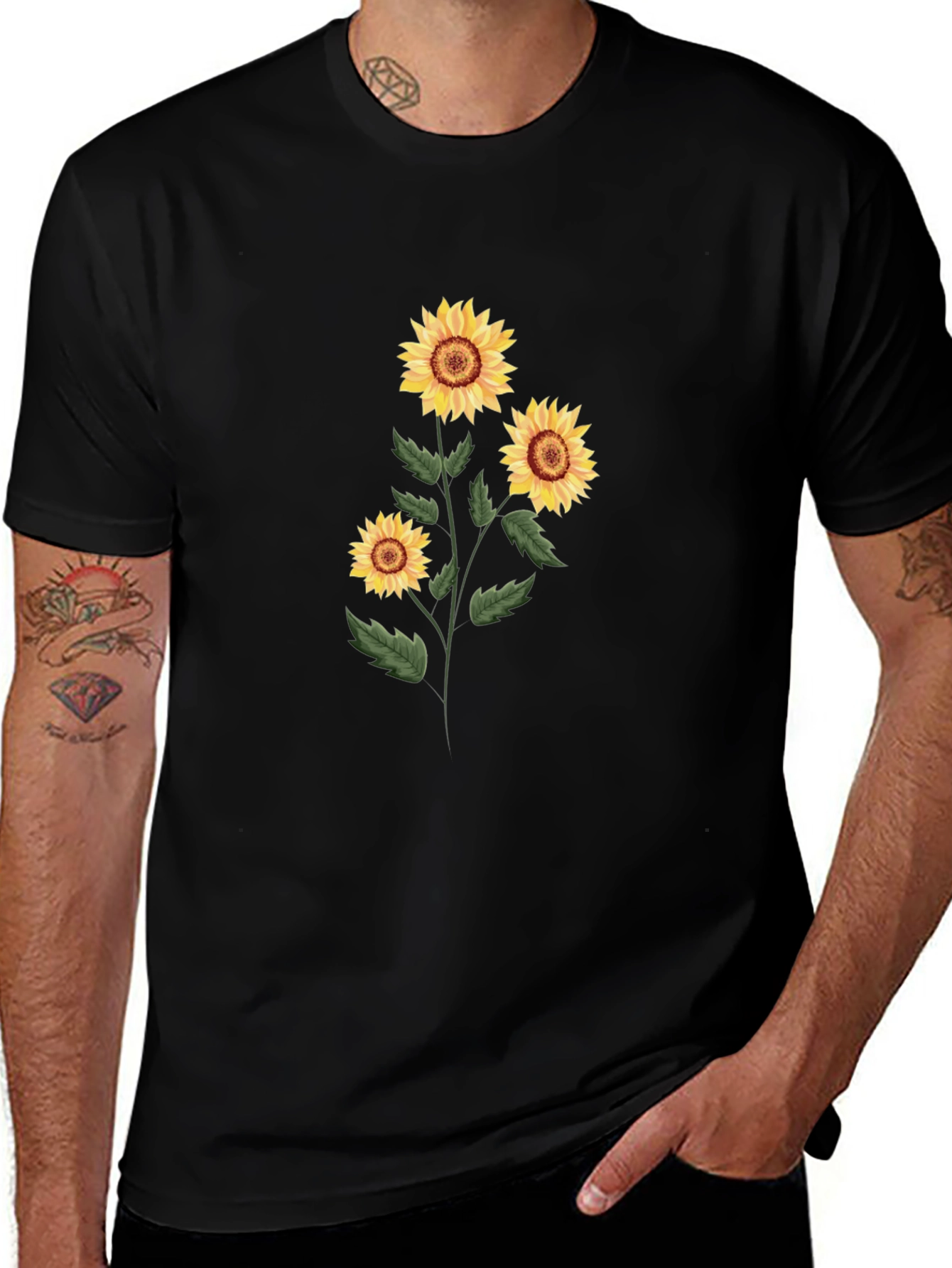 Sunflower Graphic Print Tee - Black Cotton Blend