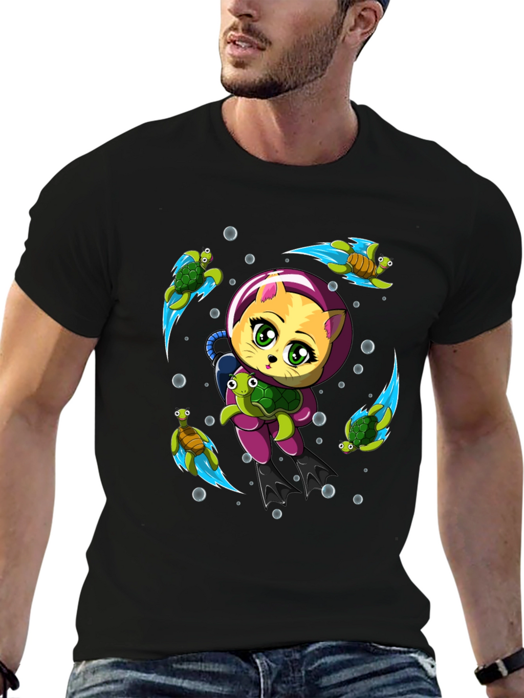 Cat Scuba Diver Graphic T-Shirt - Underwater Adventure Tee