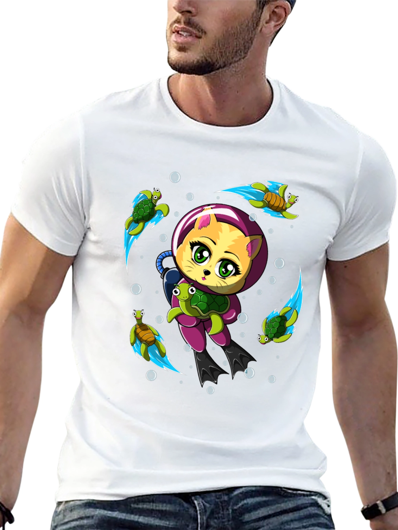Cat Scuba Diver Graphic T-Shirt - Underwater Adventure Tee