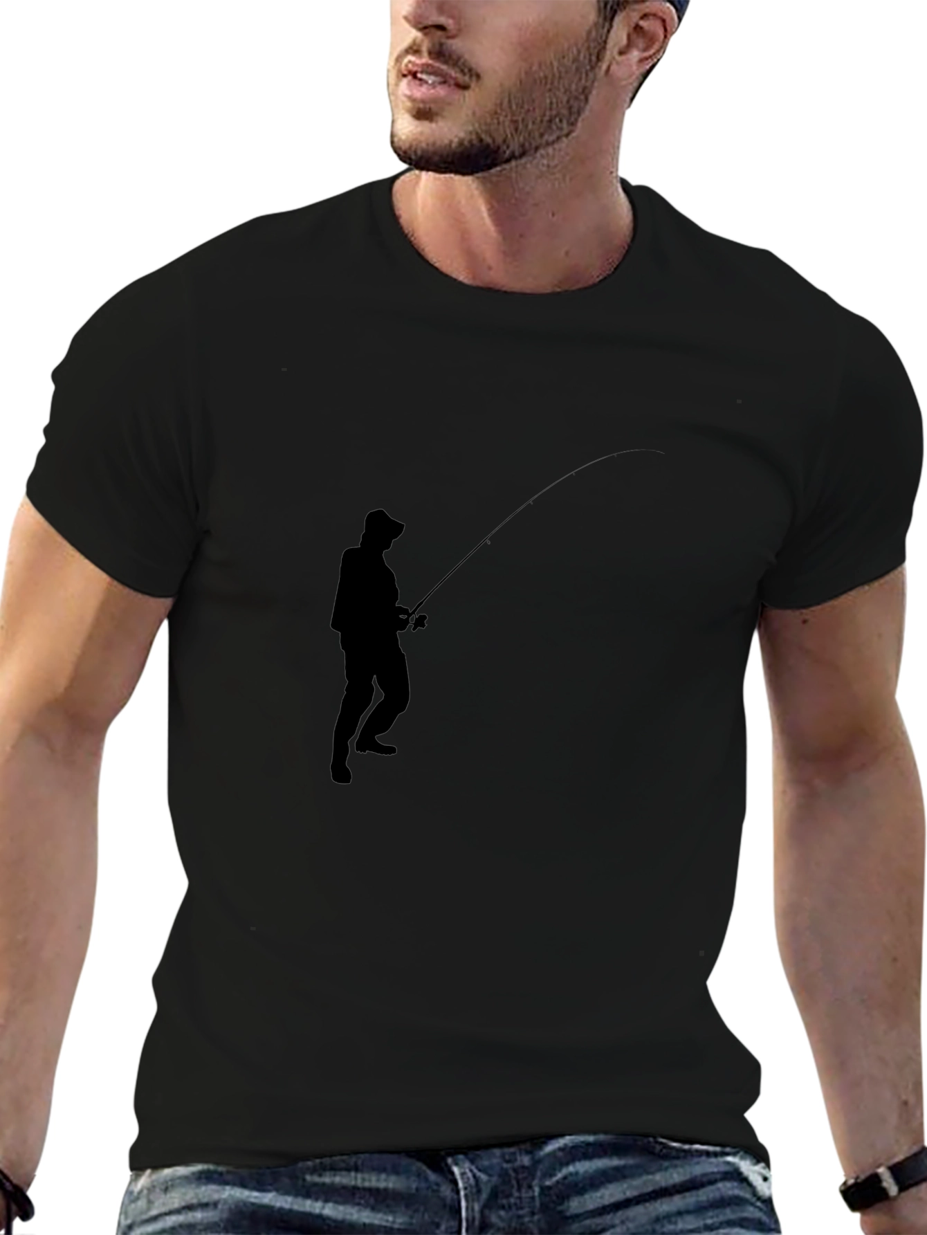 Fishing Silhouette Graphic Tee - Classic Black Cotton Blend