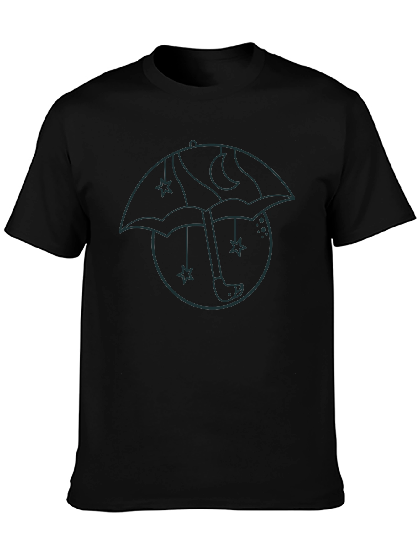 Mens Black Graphic T-Shirt - Umbrella Moon Star Design