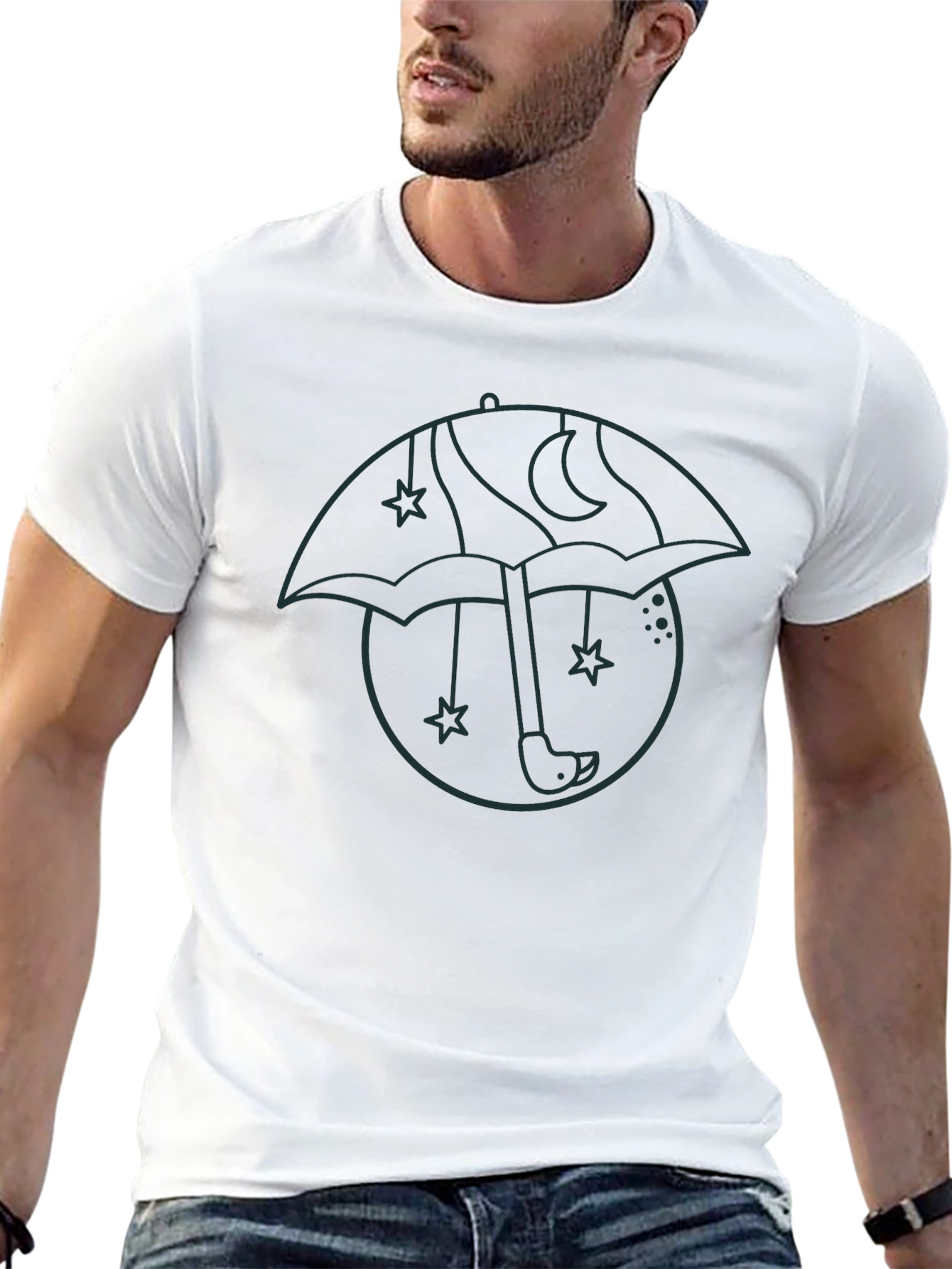 Mens Black Graphic T-Shirt - Umbrella Moon Star Design