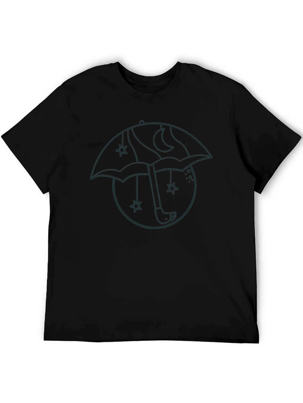 Mens Black Graphic T-Shirt - Umbrella Moon Star Design