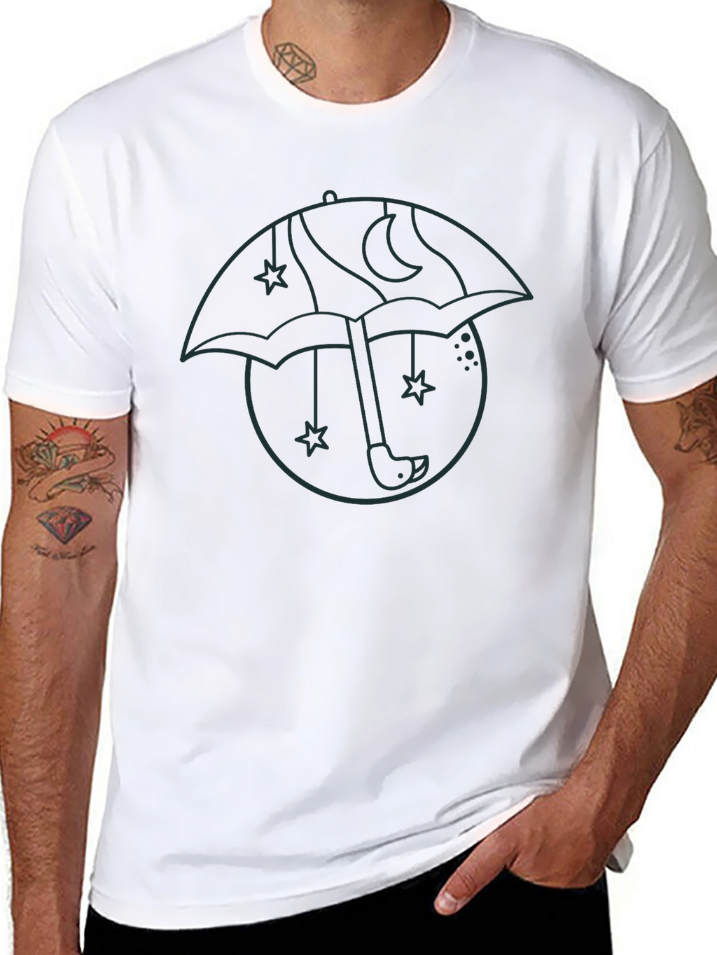 Mens Black Graphic T-Shirt - Umbrella Moon Star Design