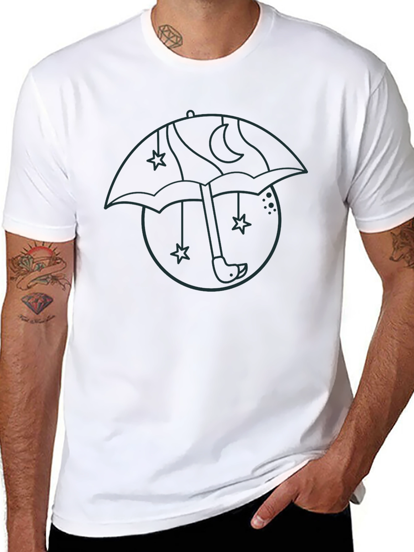 Mens Black Graphic T-Shirt - Umbrella Moon Star Design