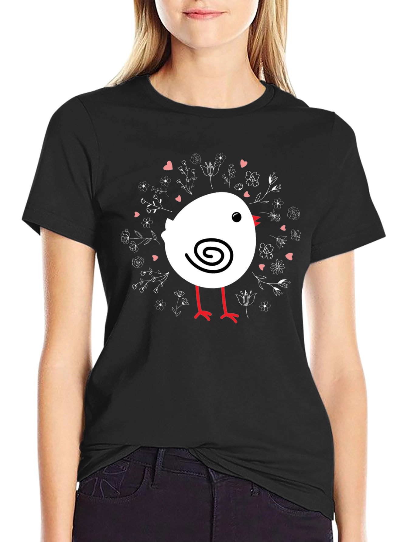 Cute Chick T-Shirt - Black Cotton Tee with Bird Design