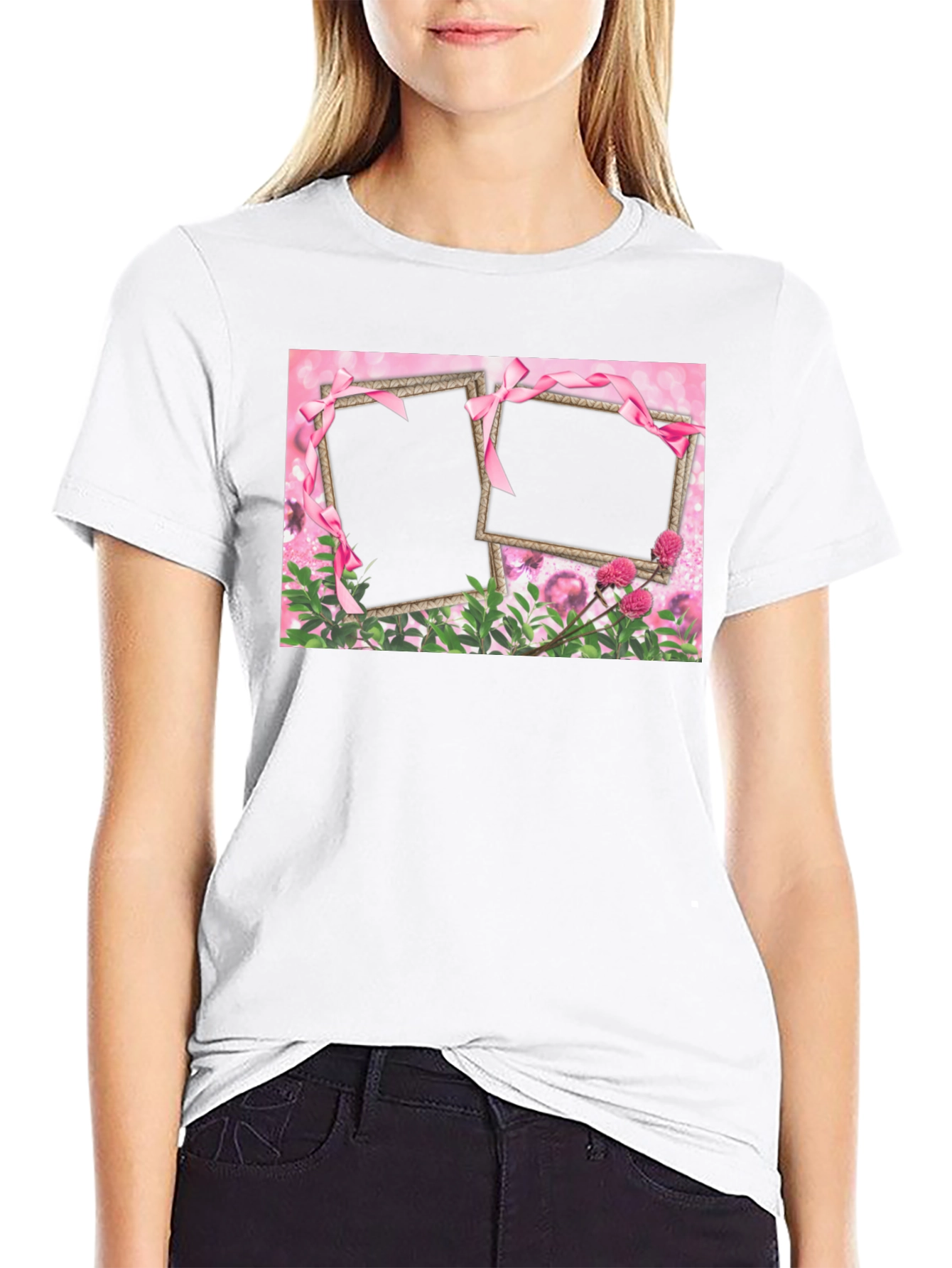 Customizable Pink Floral Frame T-Shirt