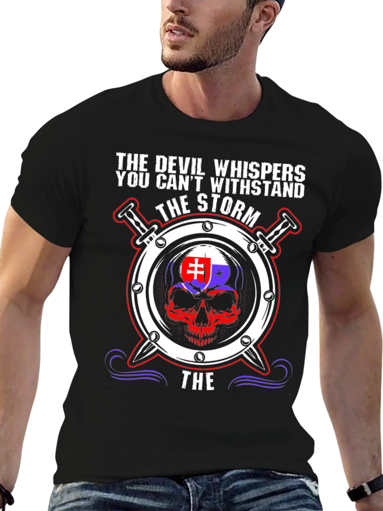Devil Whispers Storm T-Shirt Slovakia Flag Skull