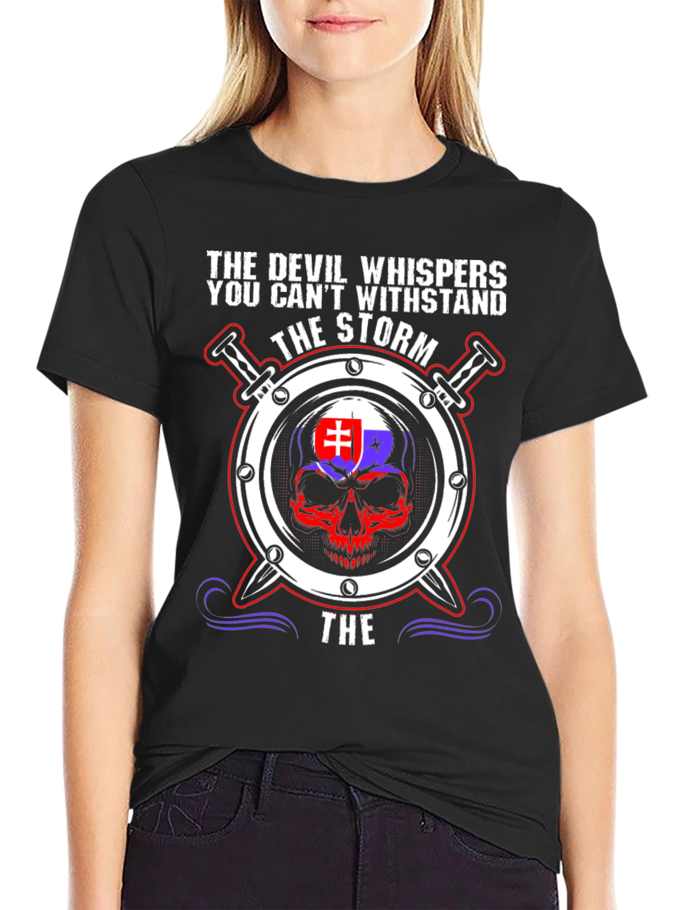 Devil Whispers Storm T-Shirt Slovakia Flag Skull