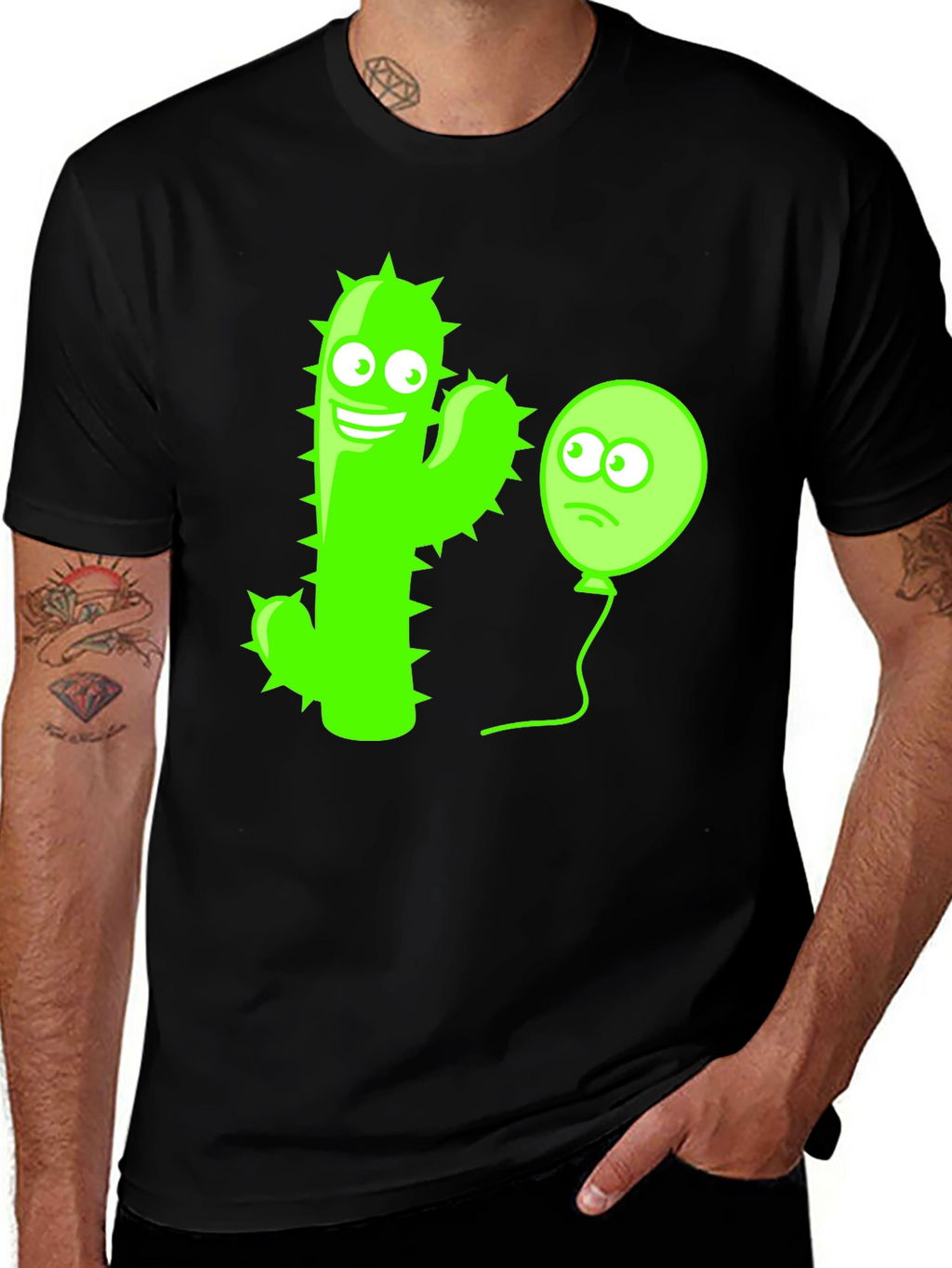 Funny Cactus & Balloon Graphic Tee - Black