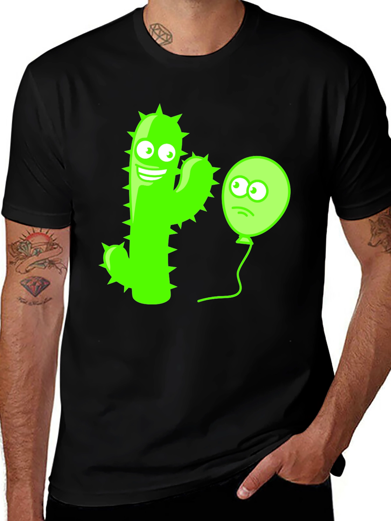 Funny Cactus & Balloon Graphic Tee - Black