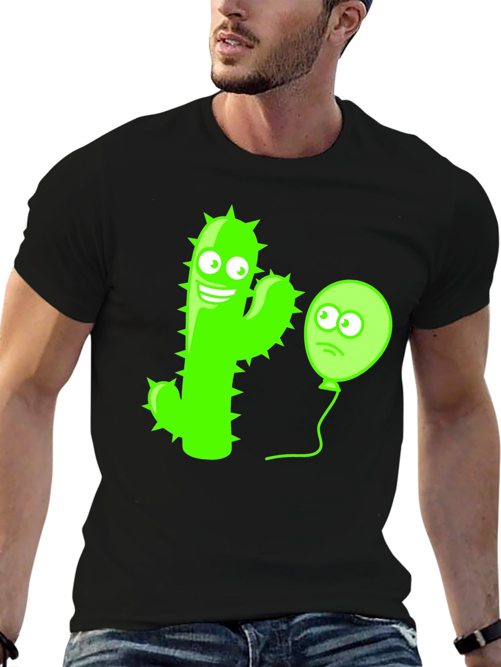 Funny Cactus & Balloon Graphic Tee - Black