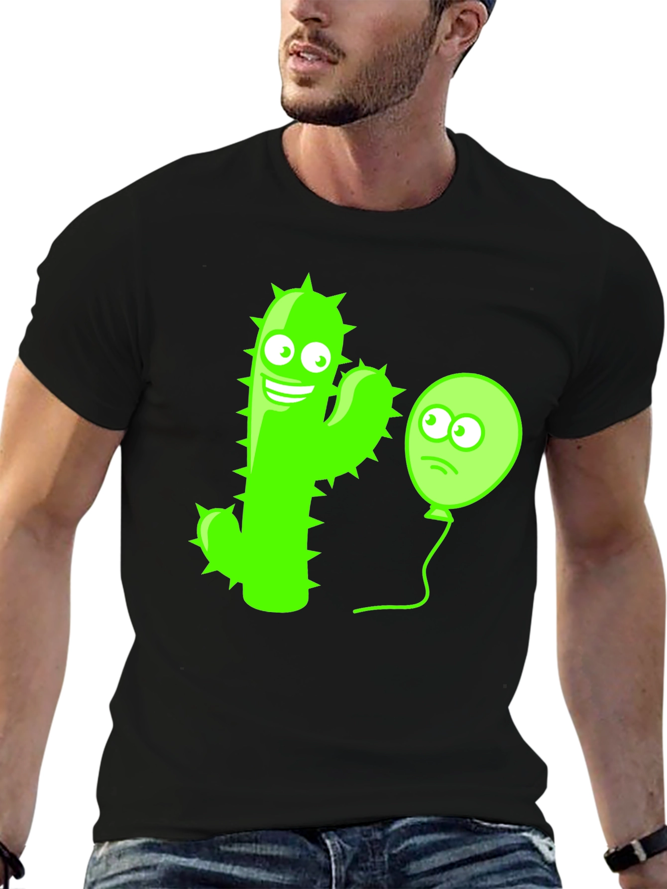 Funny Cactus & Balloon Graphic Tee - Black