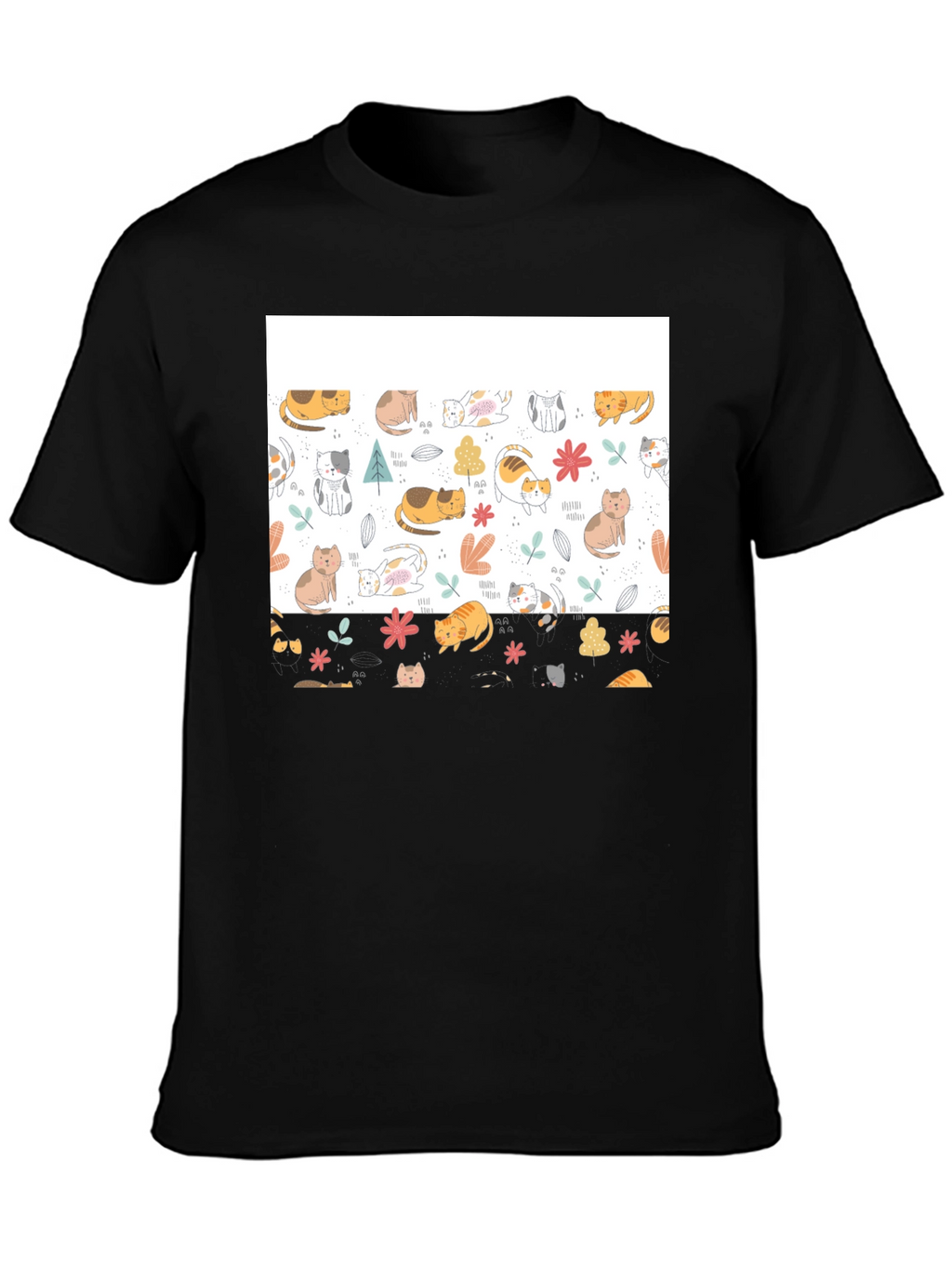 Cute Cat Pattern Black T-Shirt