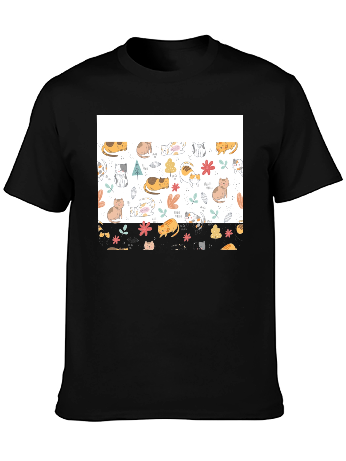 Cute Cat Pattern Black T-Shirt