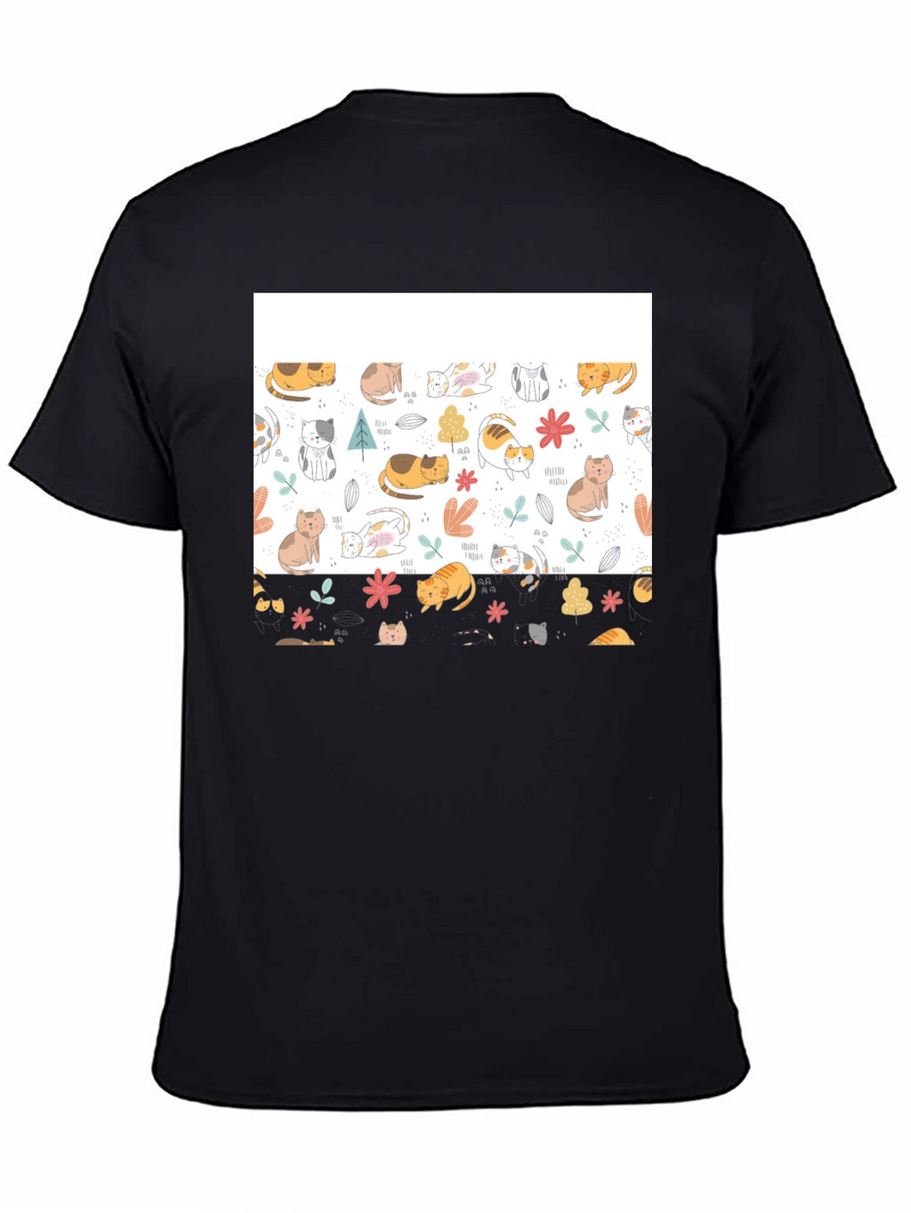 Cute Cat Pattern Black T-Shirt