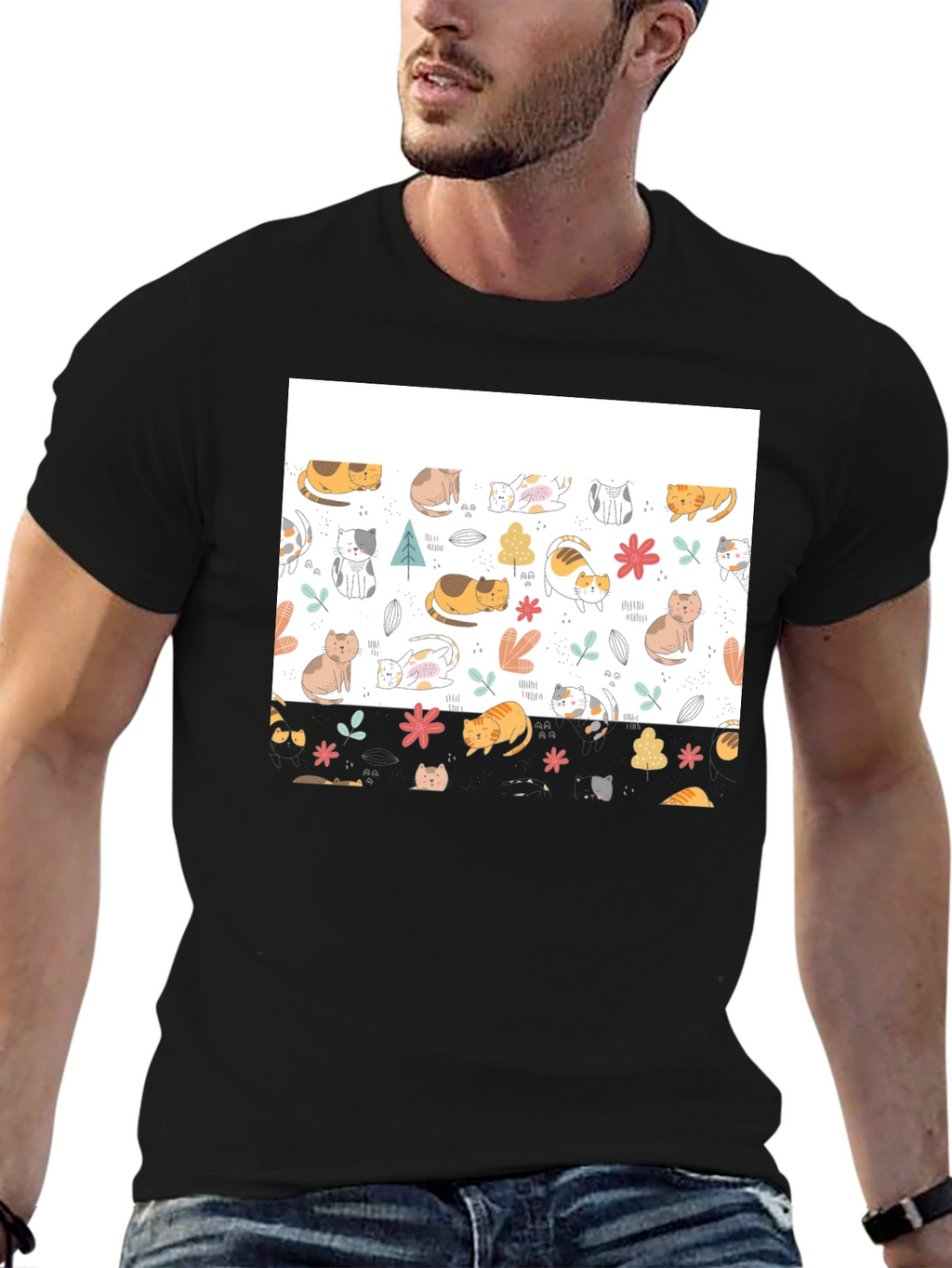 Cute Cat Pattern Black T-Shirt