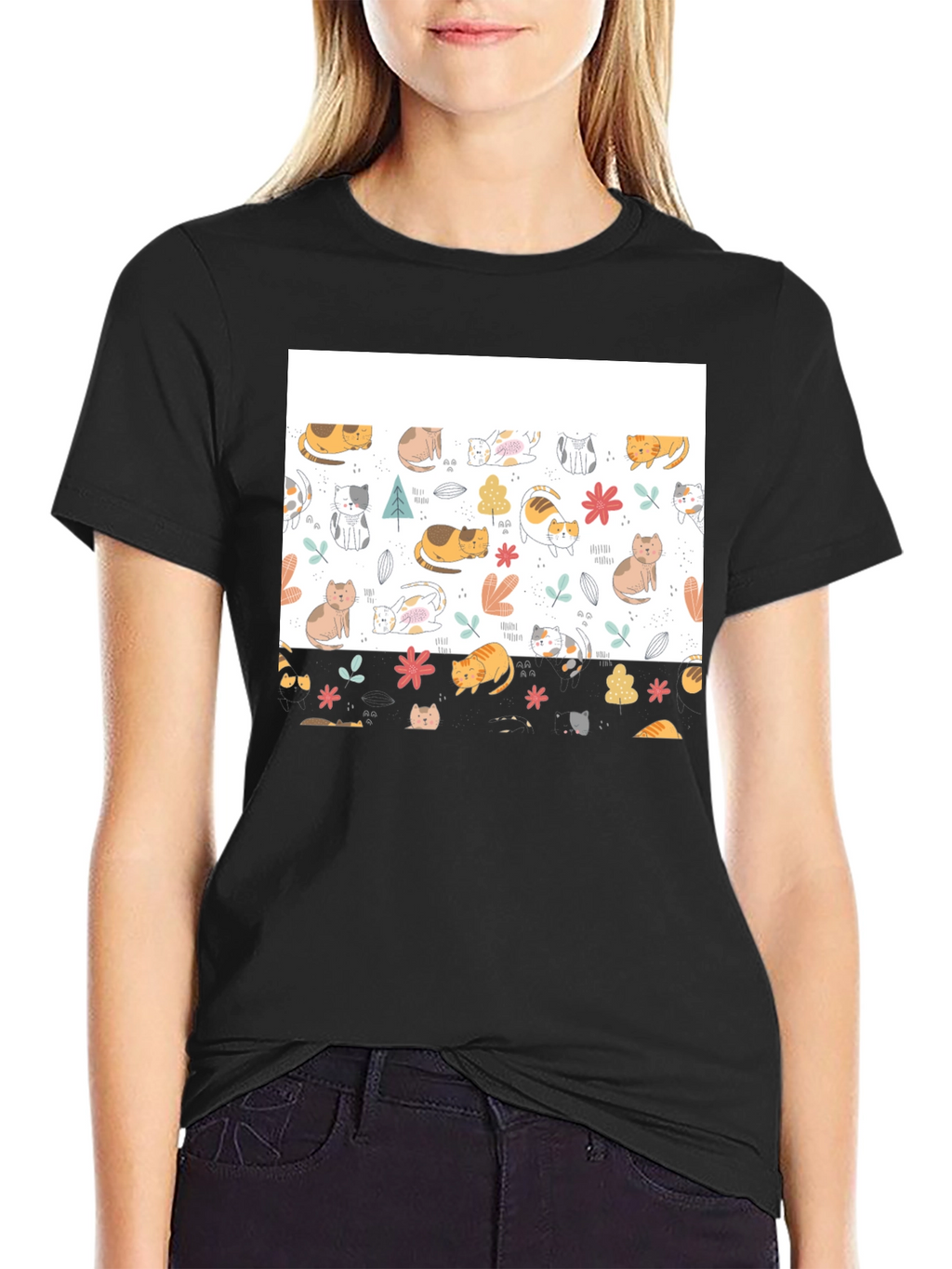 Cute Cat Pattern Black T-Shirt