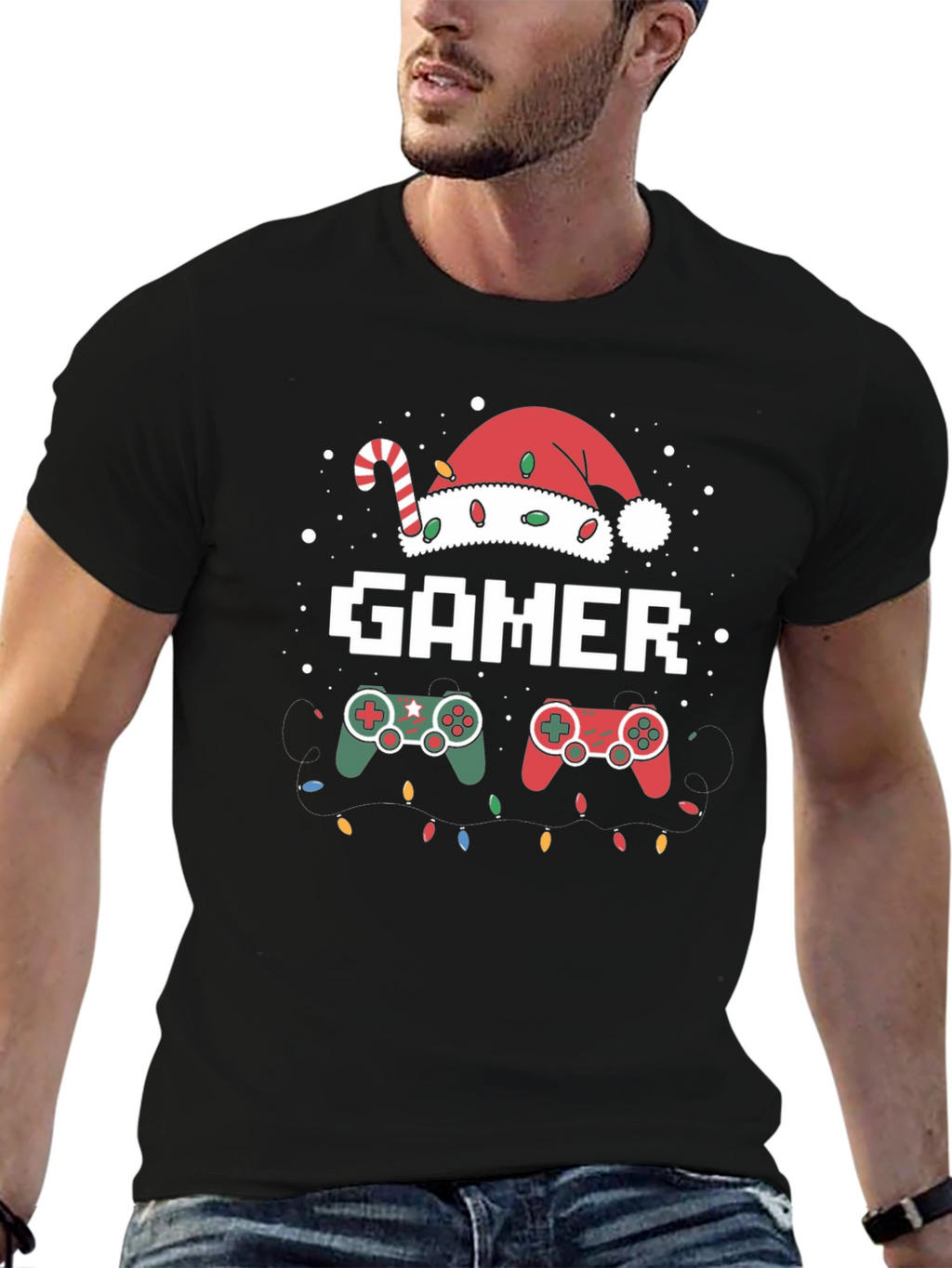 Gamer Christmas T-Shirt with Santa Hat