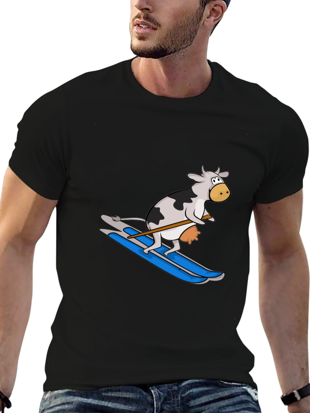 Skiing Cow Graphic Tee - Funny Animal T-Shirt