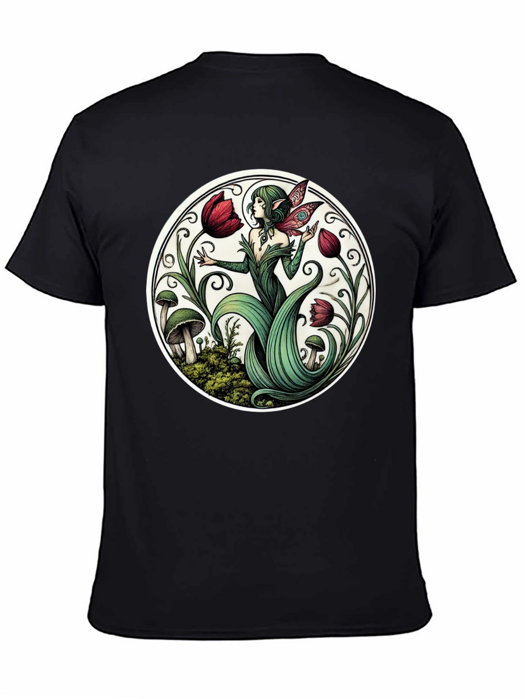 Enchanting Fairy Tulip Garden Black T-Shirt