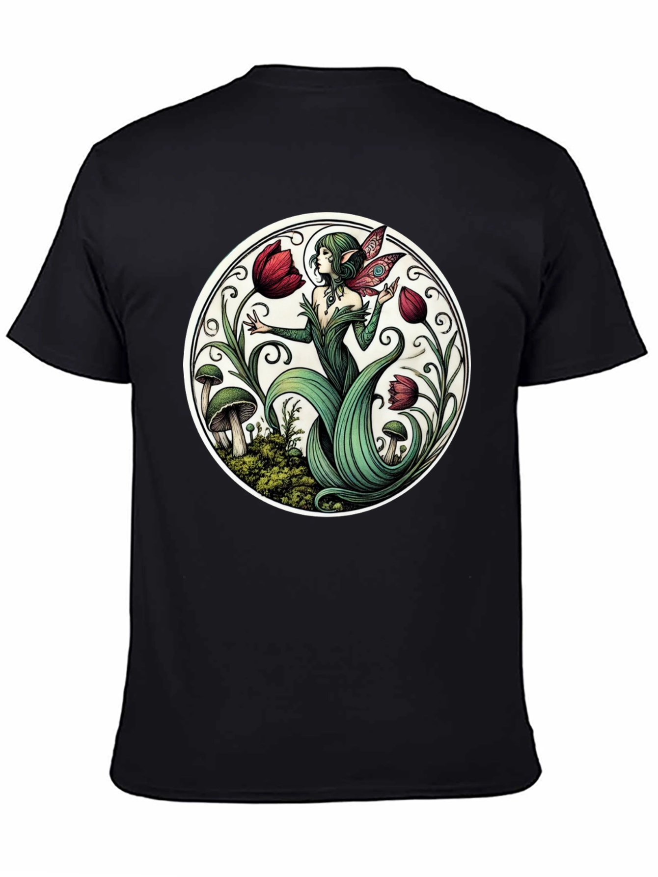 Enchanting Fairy Tulip Garden Black T-Shirt