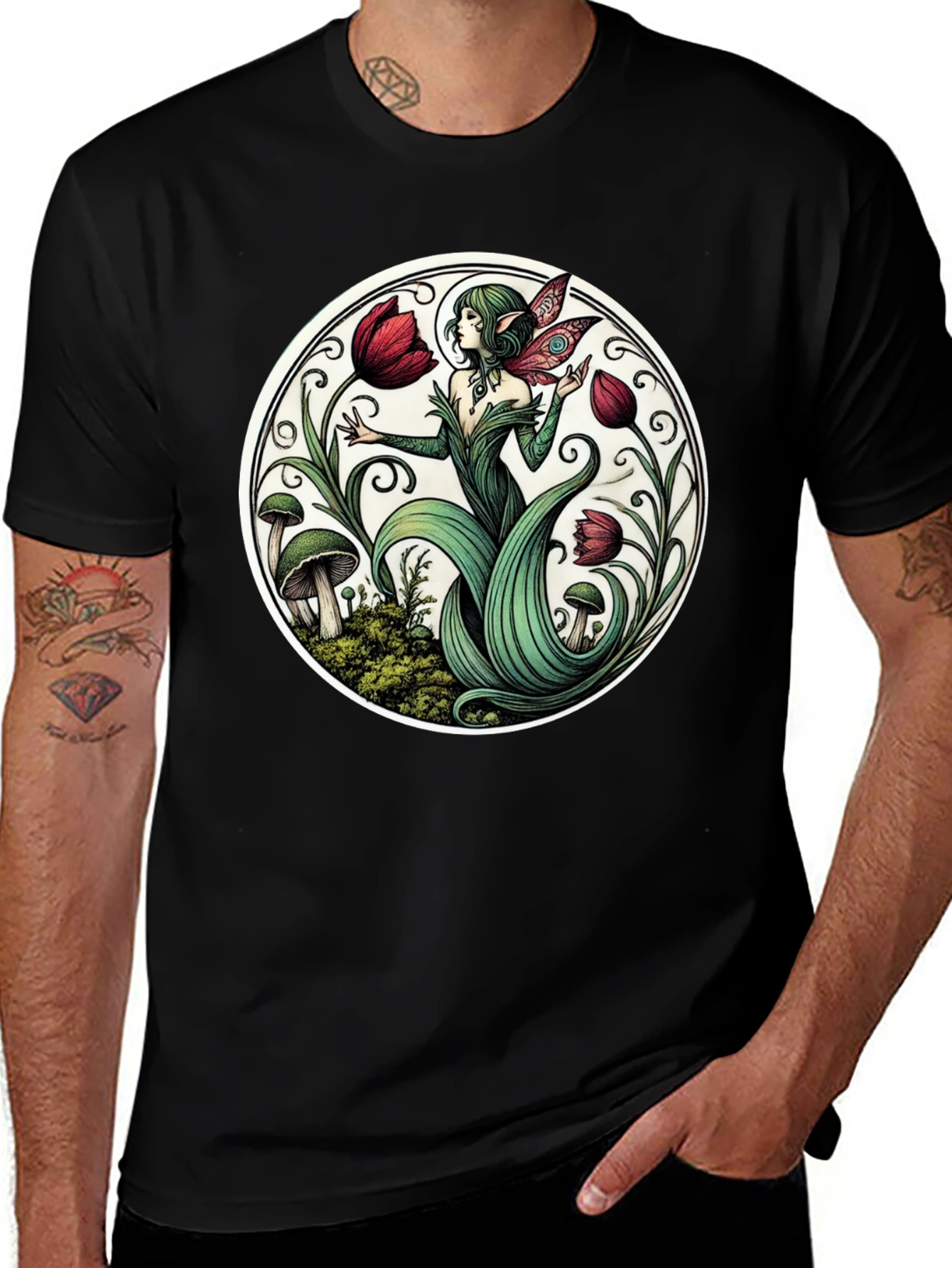 Enchanting Fairy Tulip Garden Black T-Shirt