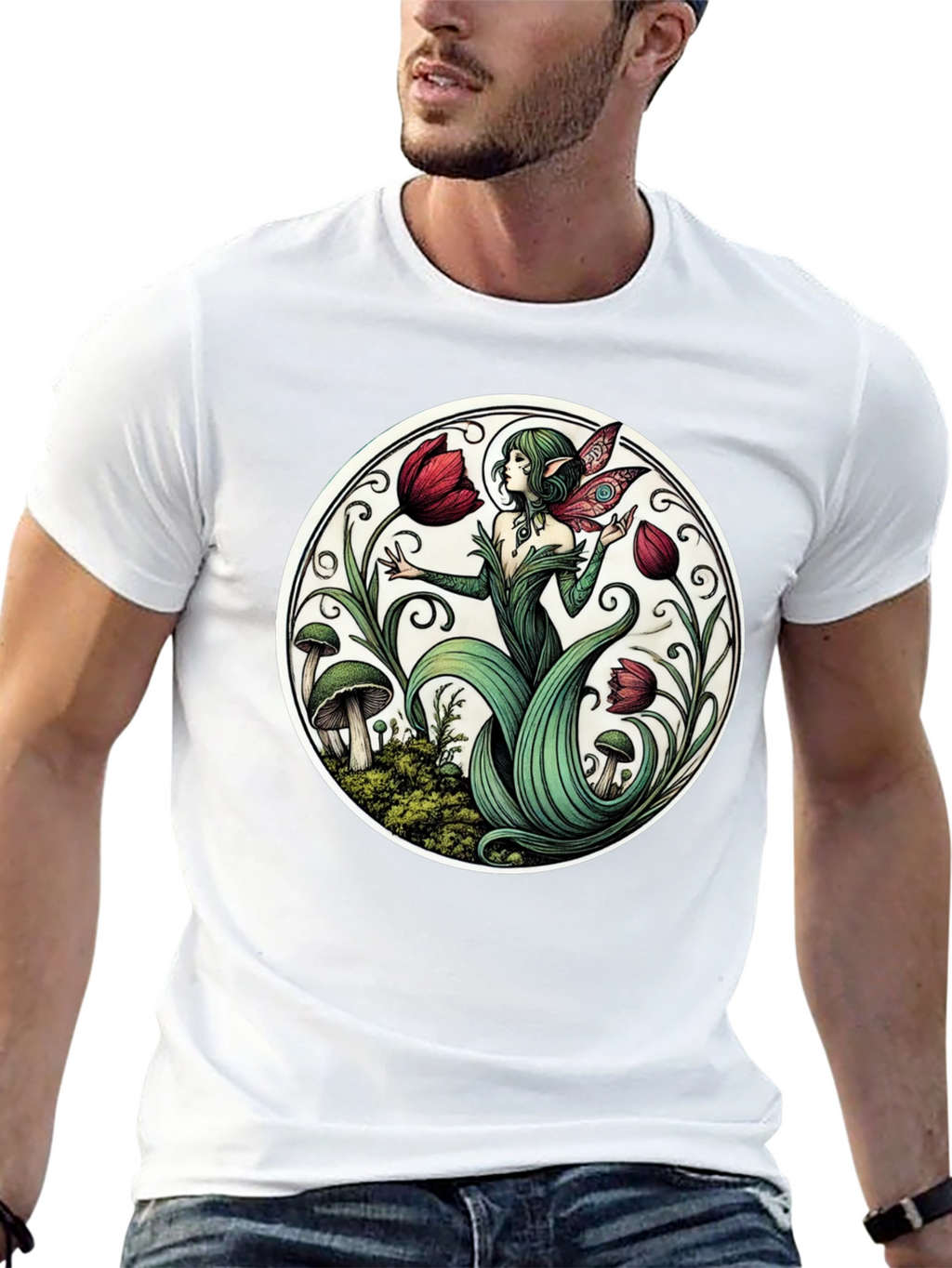Enchanting Fairy Tulip Garden Black T-Shirt