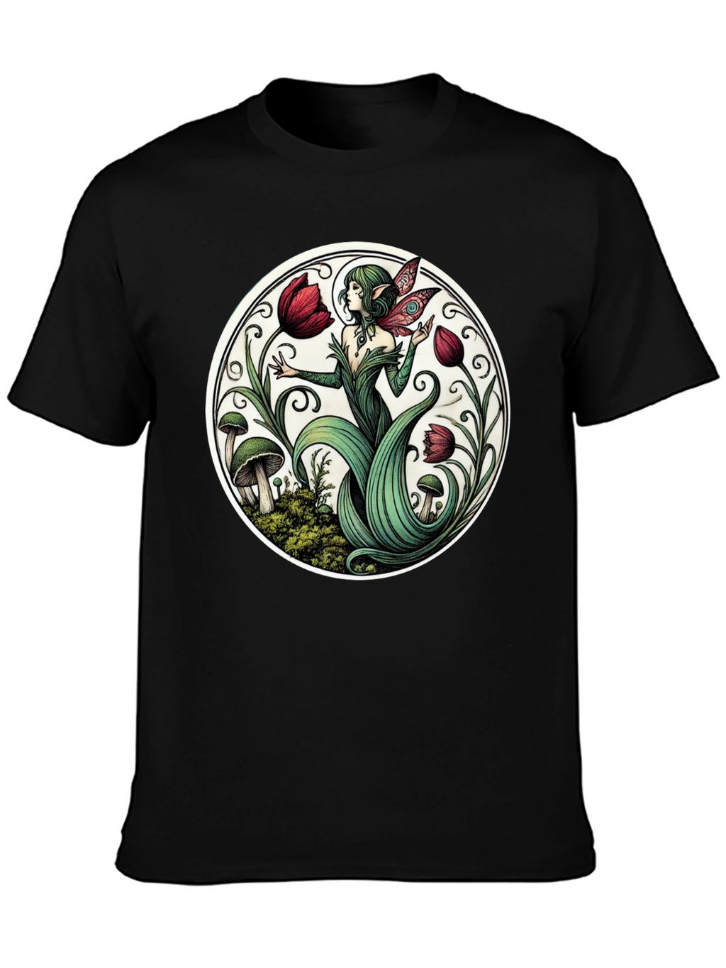 Enchanting Fairy Tulip Garden Black T-Shirt