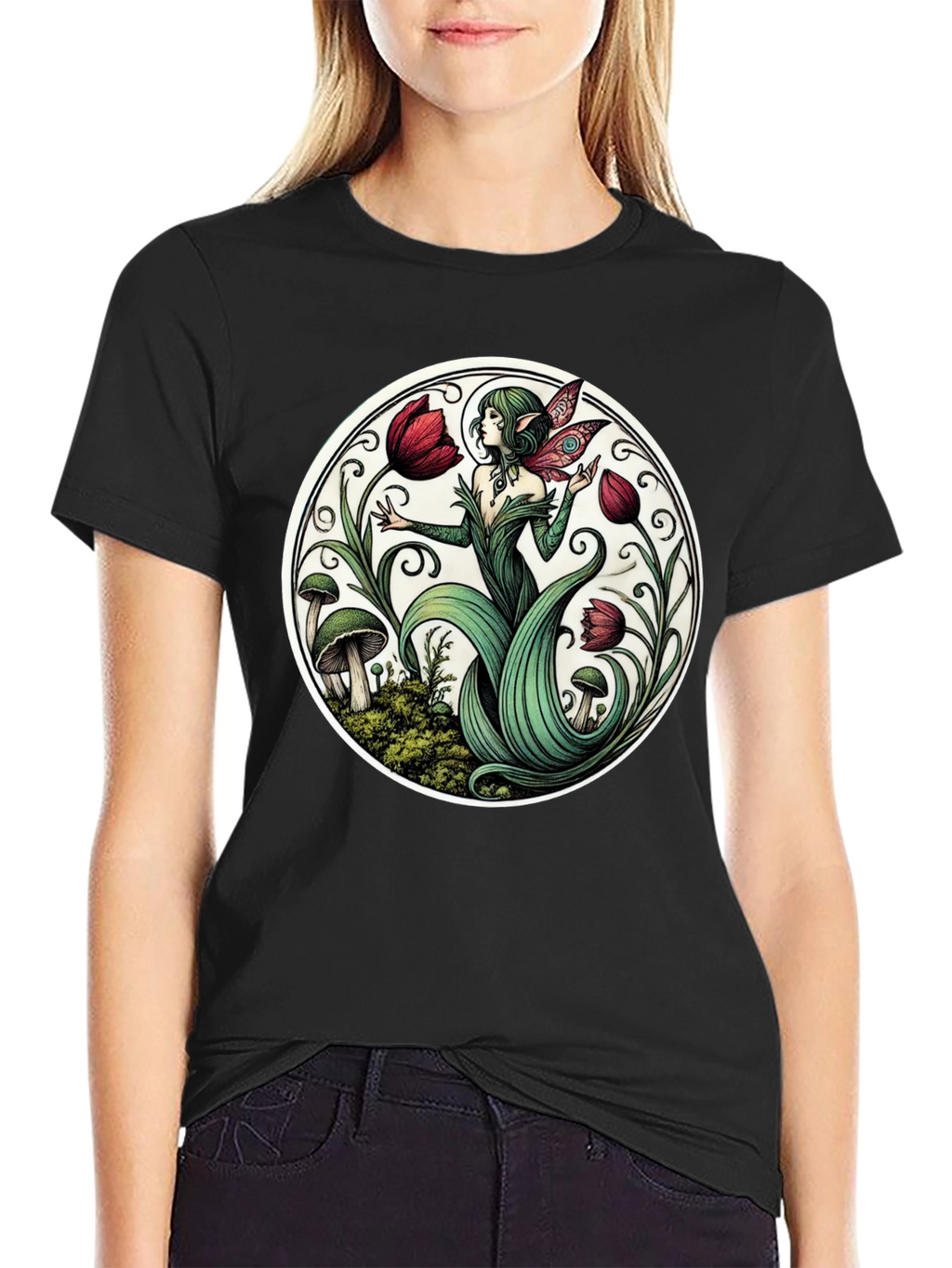 Enchanting Fairy Tulip Garden Black T-Shirt