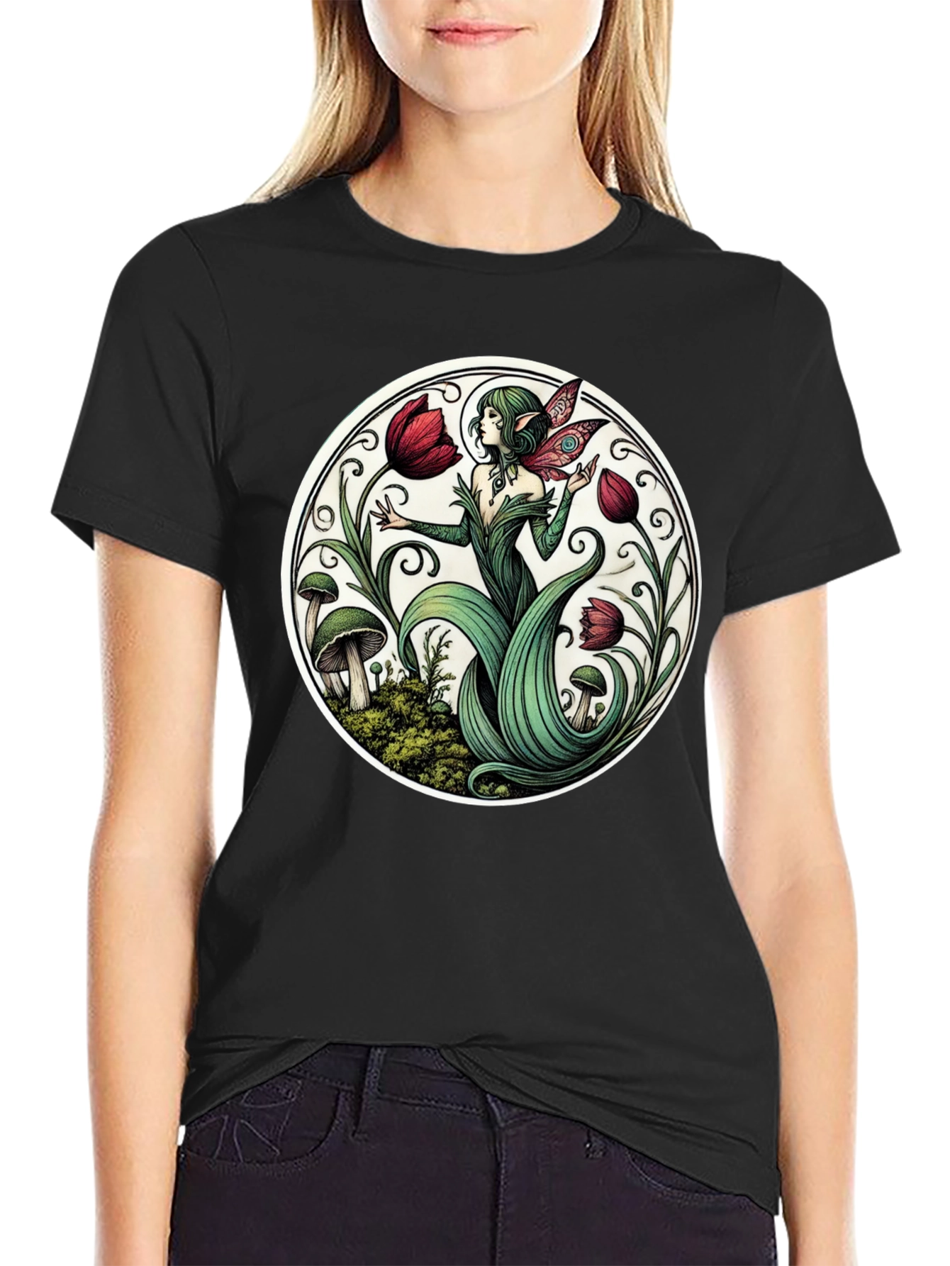 Enchanting Fairy Tulip Garden Black T-Shirt