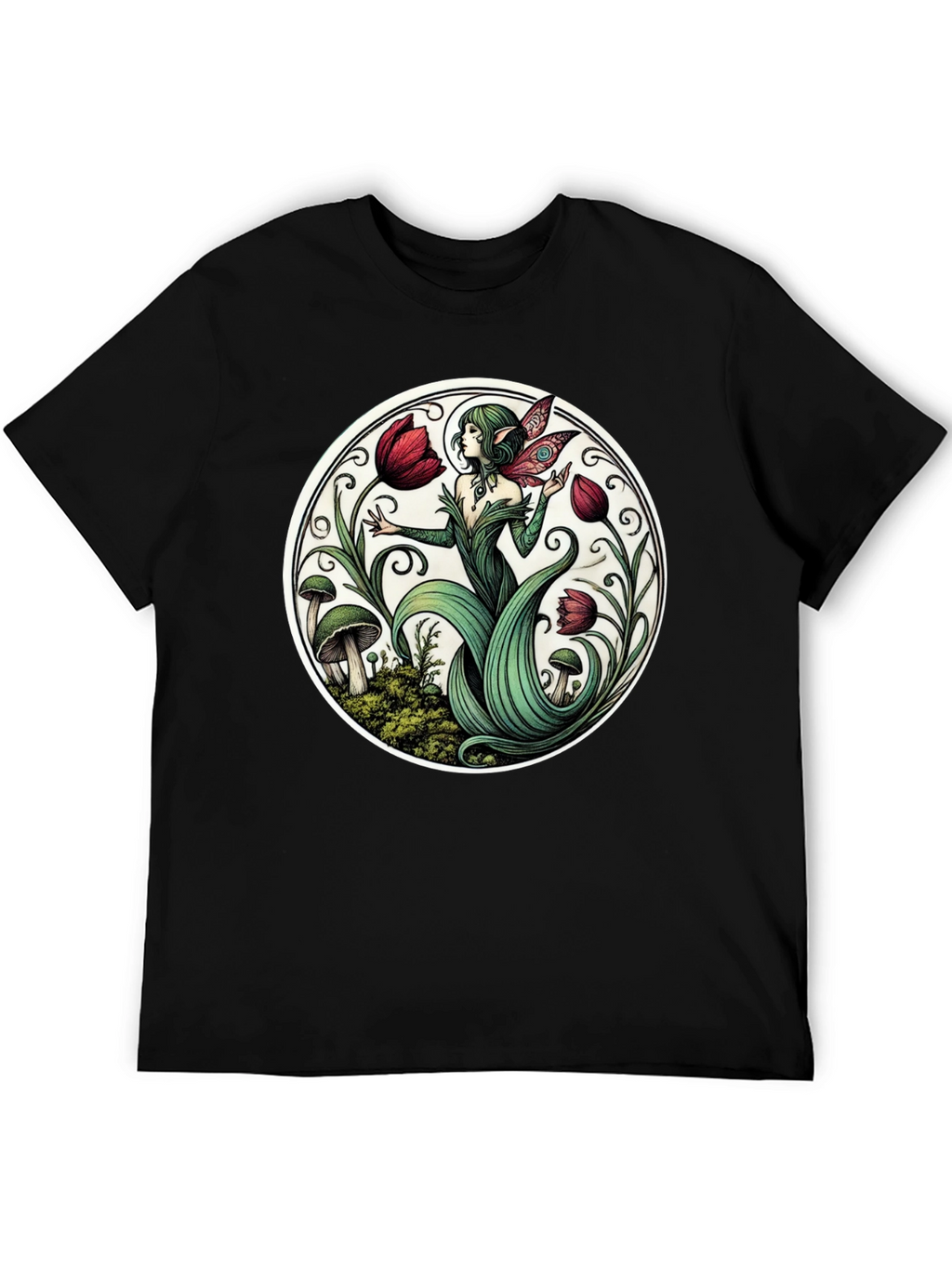 Enchanting Fairy Tulip Garden Black T-Shirt
