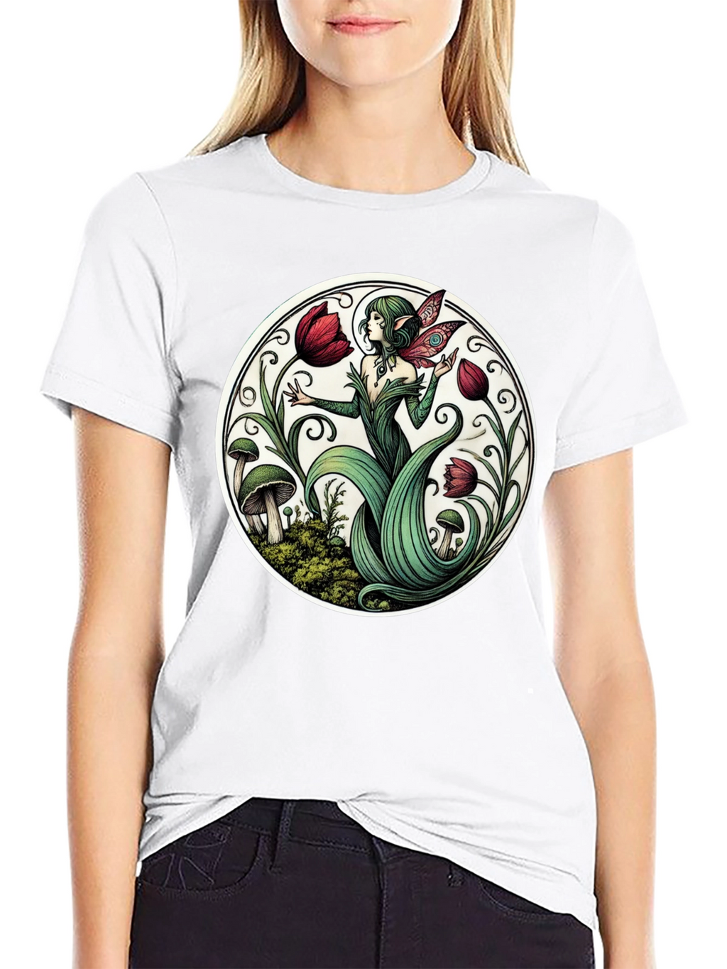 Enchanting Fairy Tulip Garden Black T-Shirt
