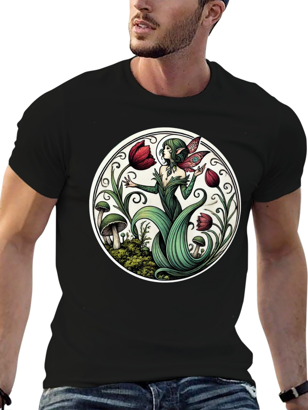Enchanting Fairy Tulip Garden Black T-Shirt