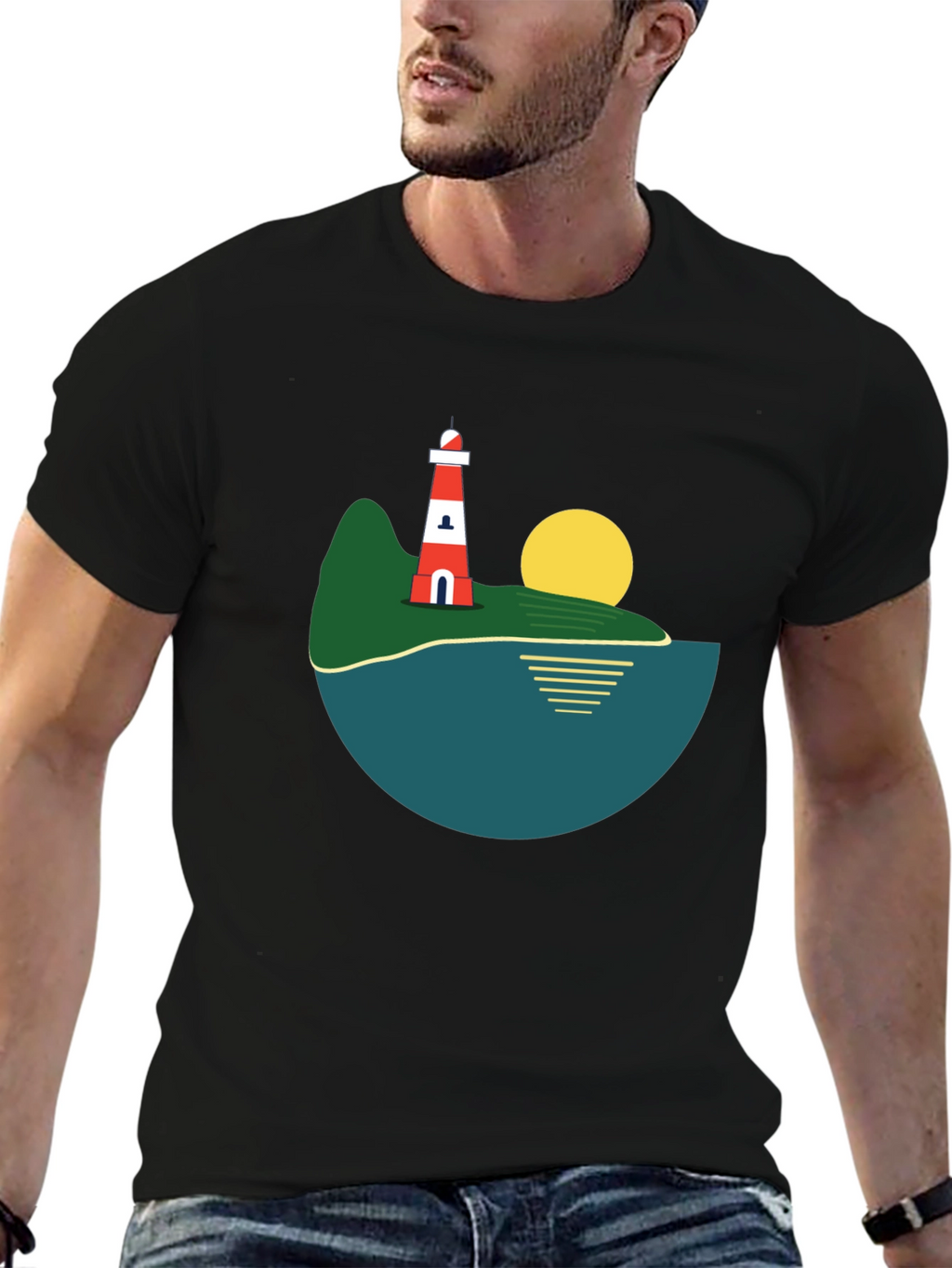 Lighthouse Island Graphic Tee - Stylish Black T-Shirt