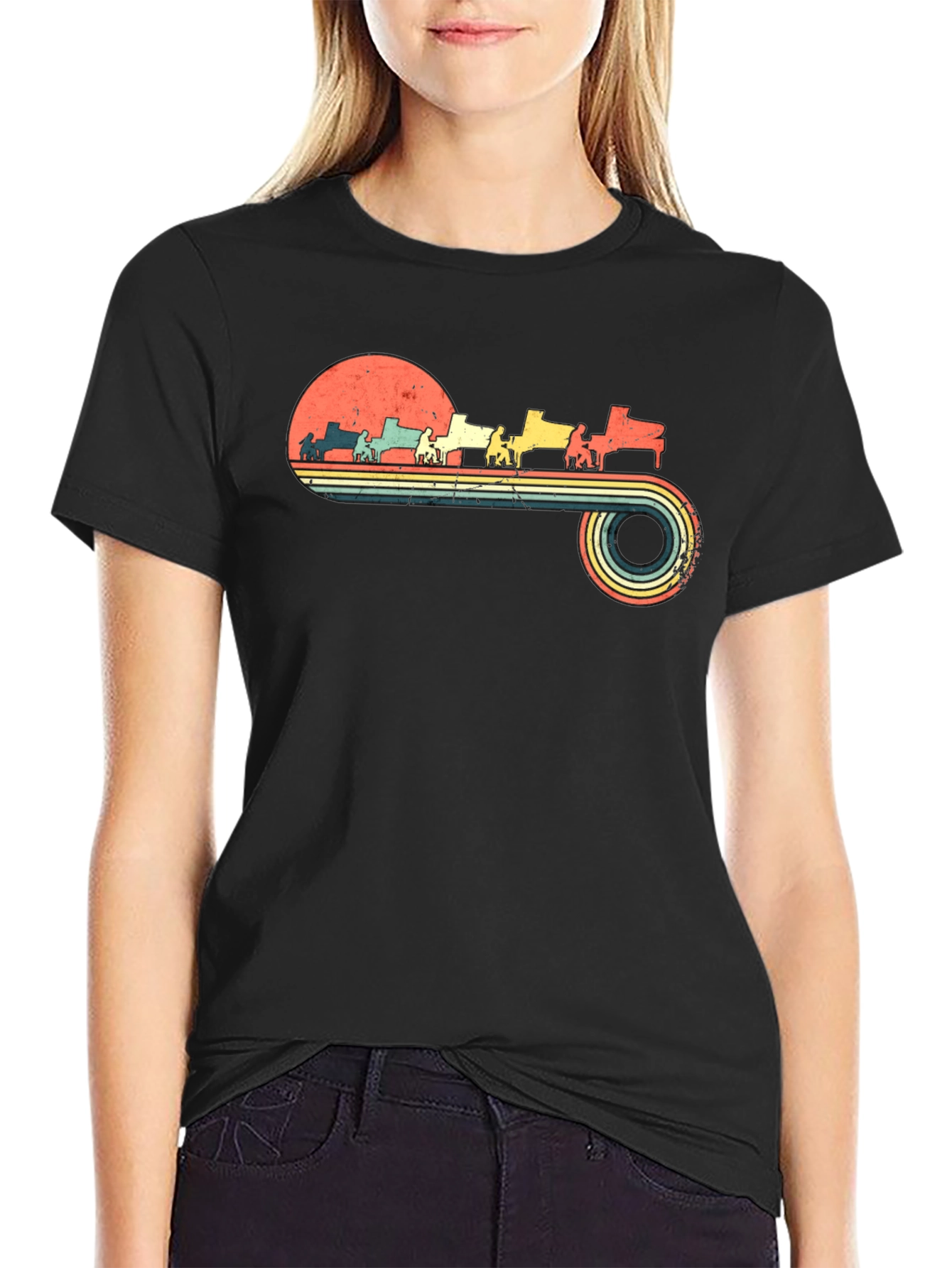 Retro Piano Player Sunset Graphic Tee