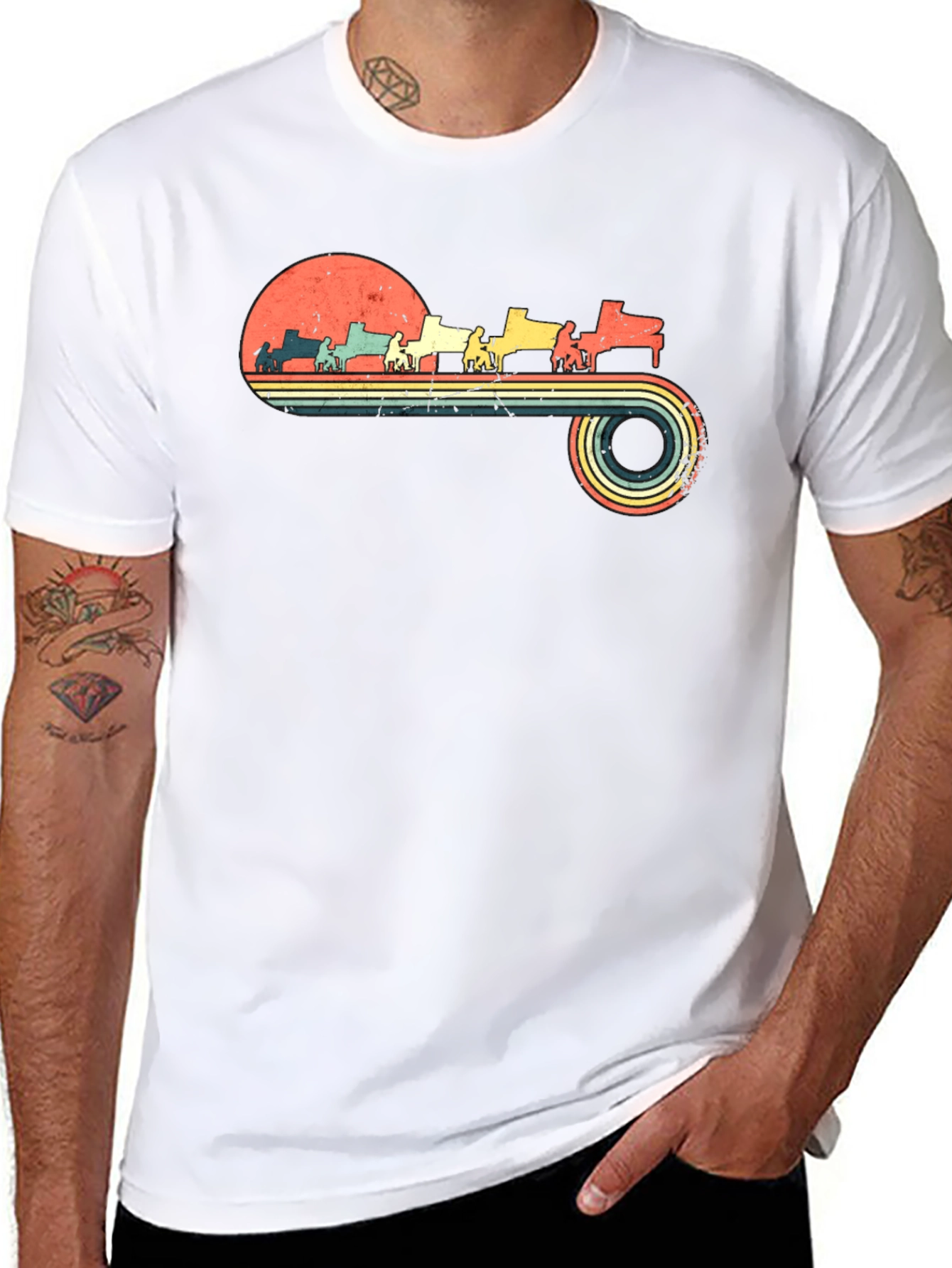 Retro Piano Player Sunset Graphic Tee