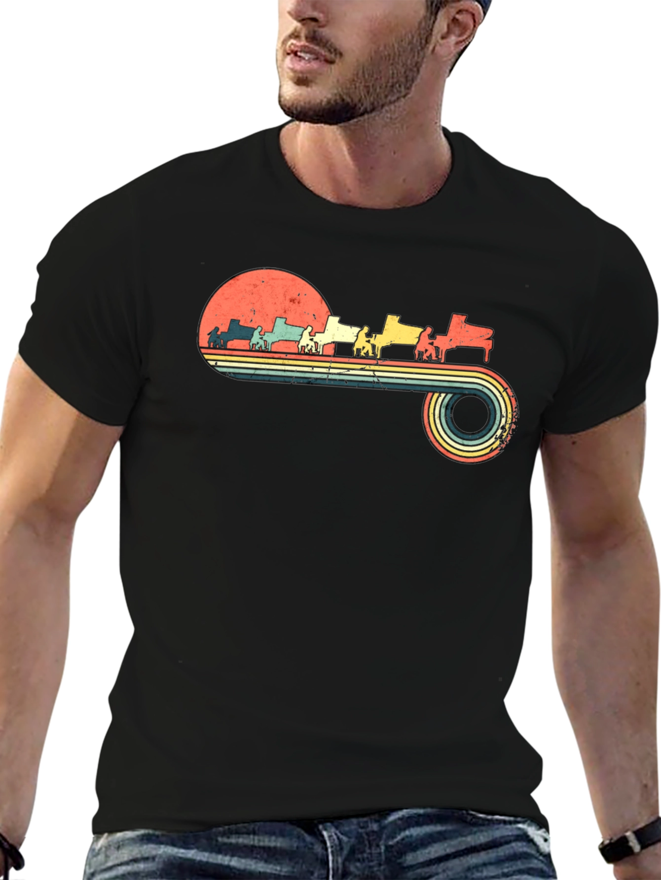 Retro Piano Player Sunset Graphic Tee