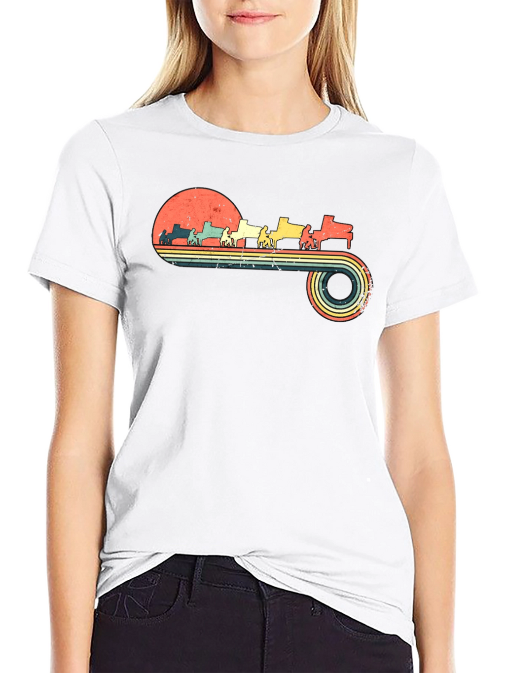 Retro Piano Player Sunset Graphic Tee