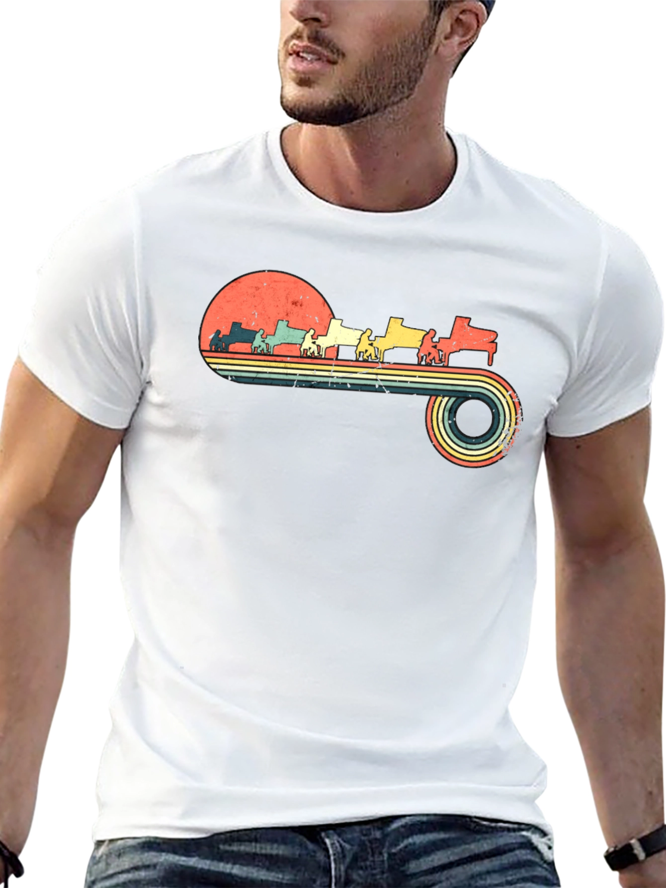 Retro Piano Player Sunset Graphic Tee